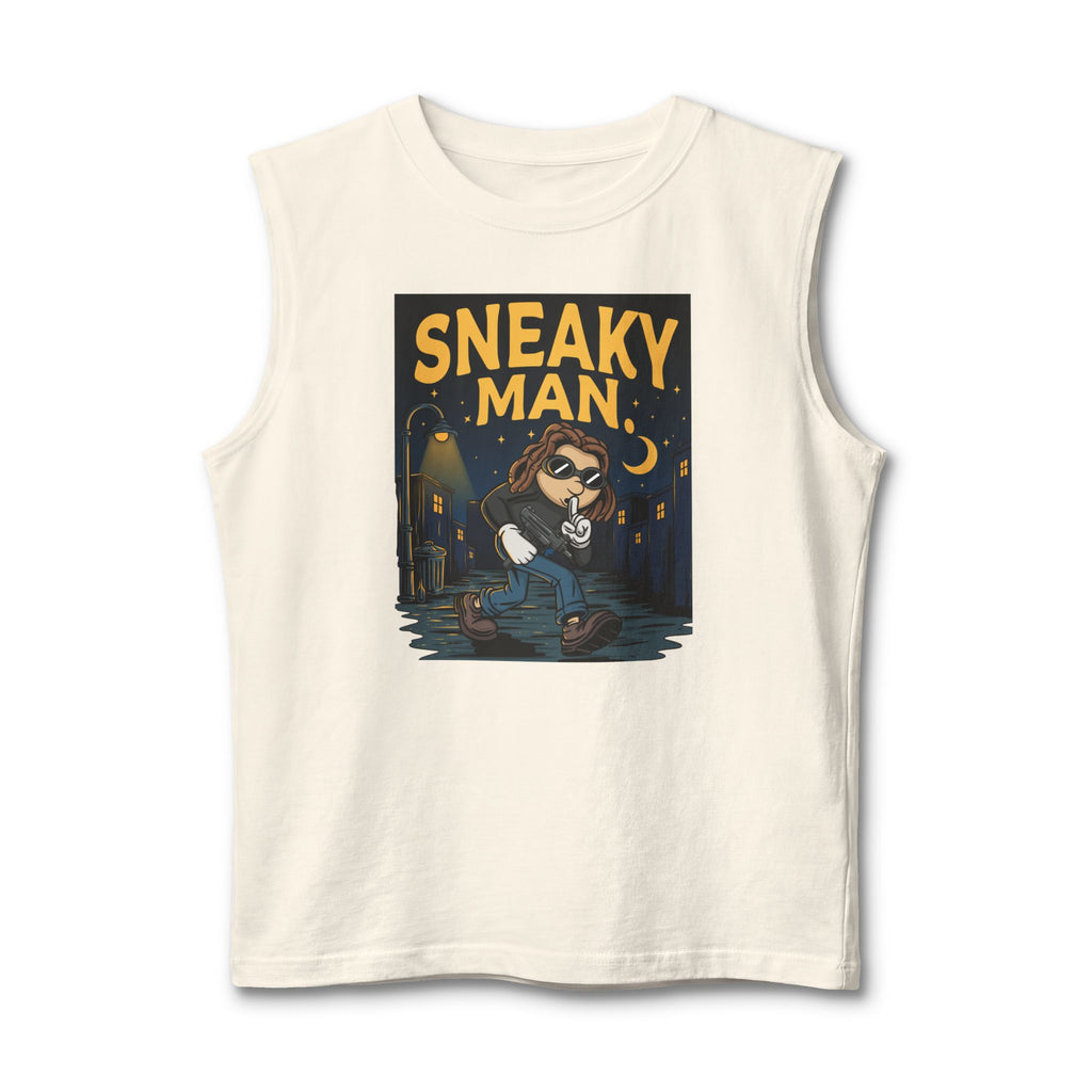 Sneaky Man Muscle Tank – Nighttime Raccoon Thief Graphic Tank Top