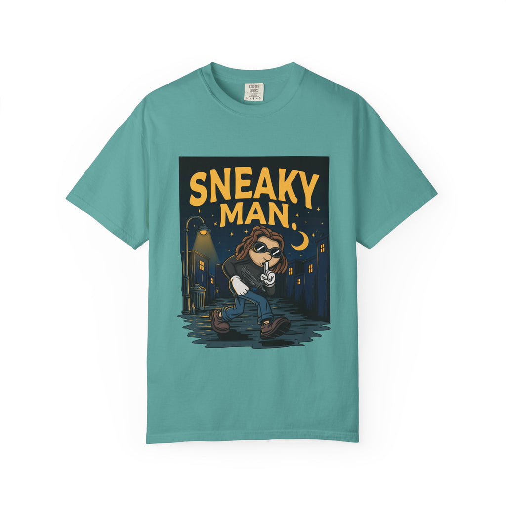 Sneaky Man Graphic T-Shirt — Vintage Nighttime Cartoon Tee