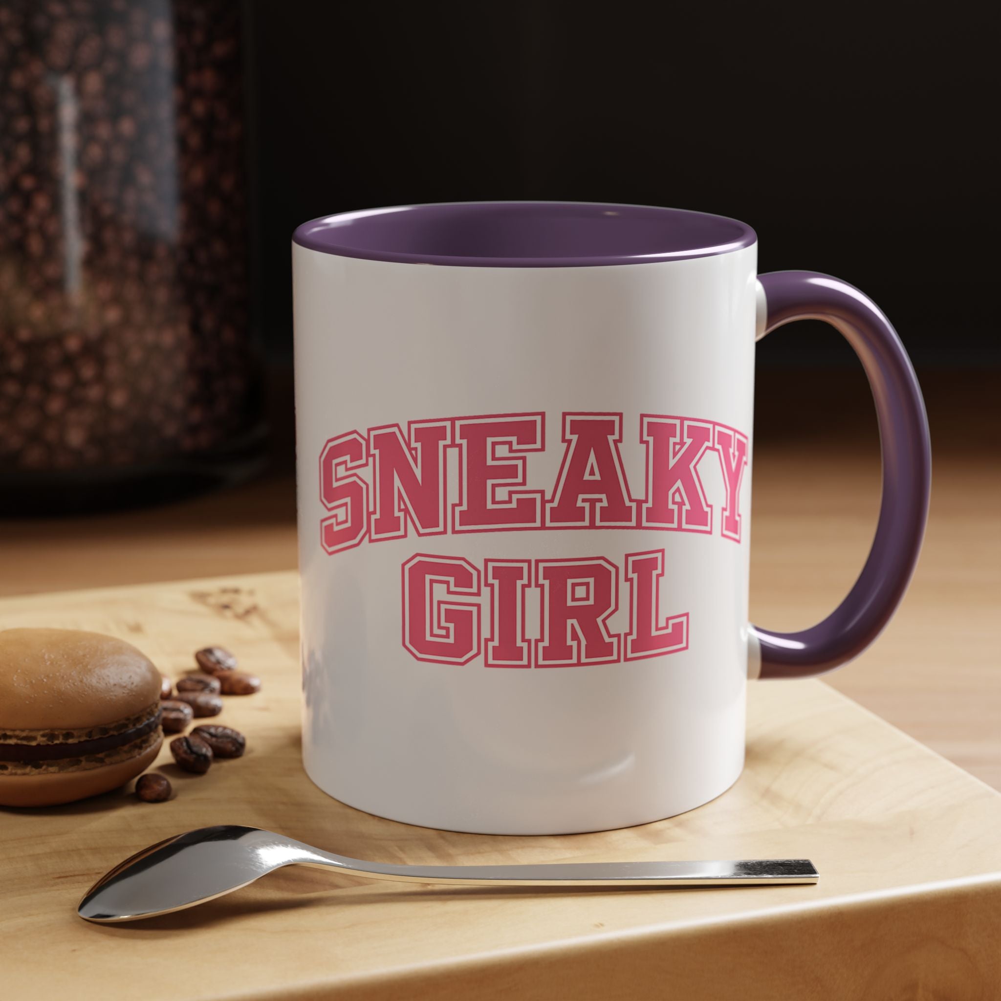 Sneaky Girl Accent Coffee Mug — Pink Varsity Text 11/15oz