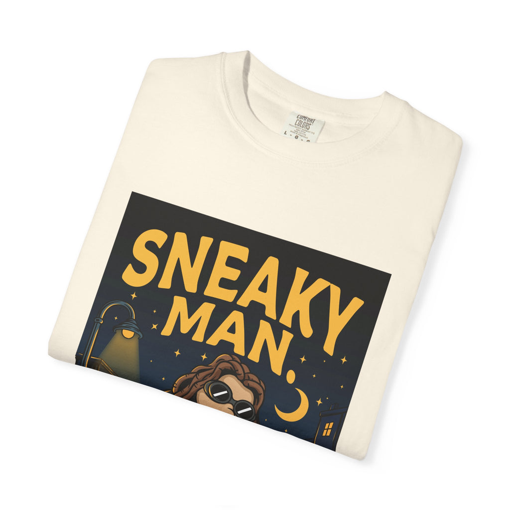 Sneaky Man Graphic T-Shirt — Vintage Nighttime Cartoon Tee