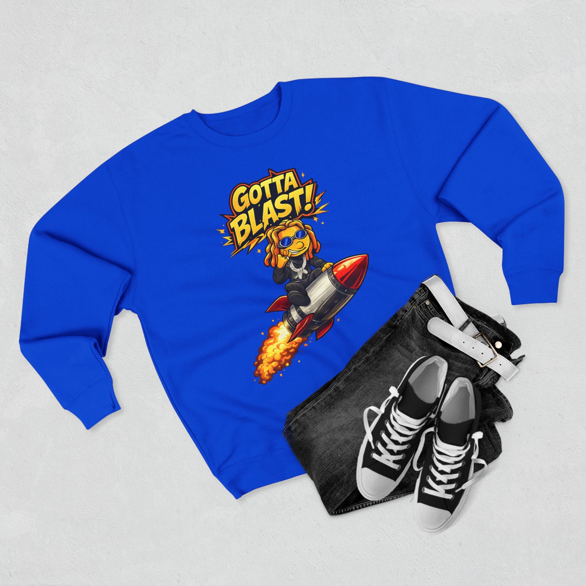 Gotta Blast Crewneck Sweatshirt — "Gotta Blast!" Retro Rocket Graphic