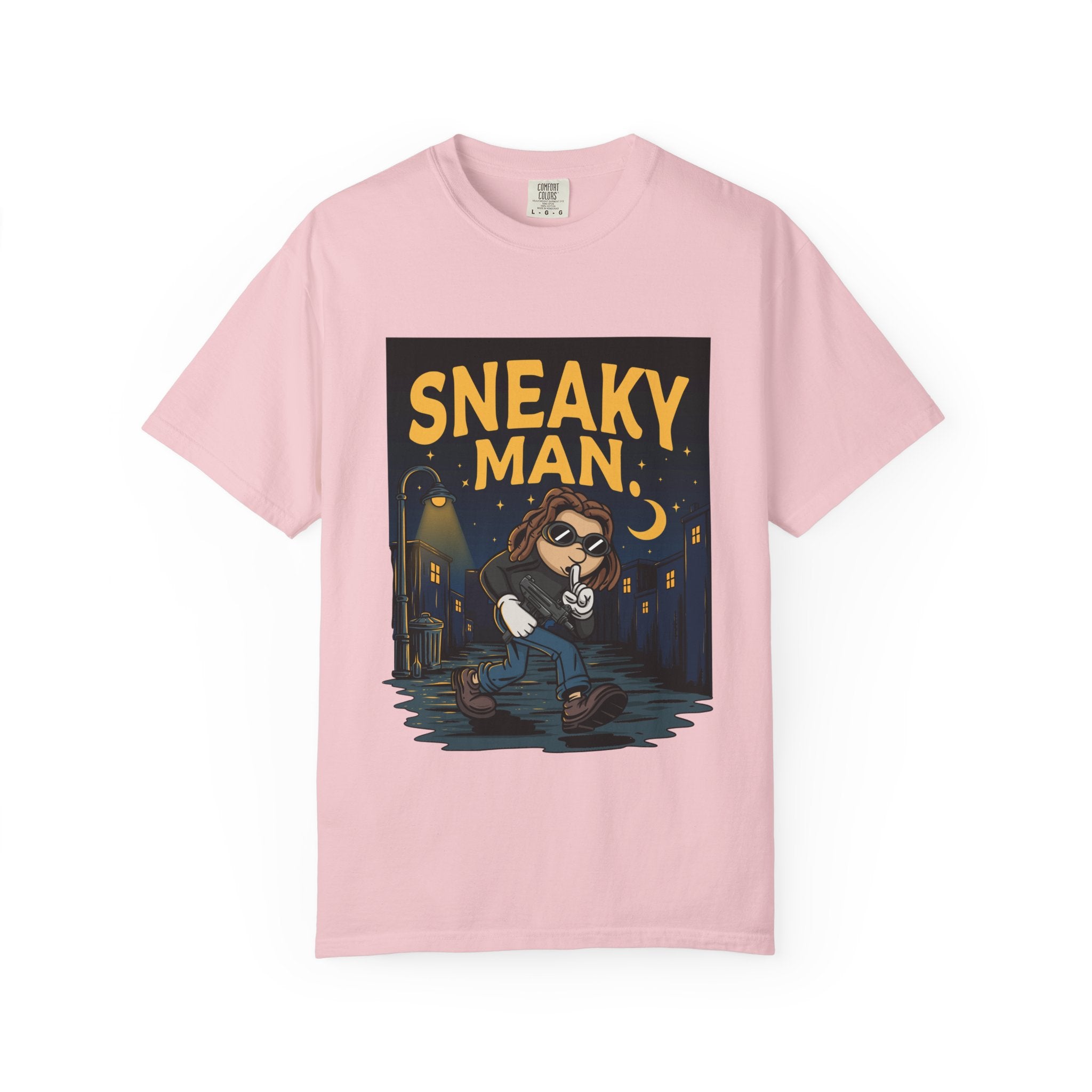Sneaky Man Graphic T-Shirt — Vintage Nighttime Cartoon Tee