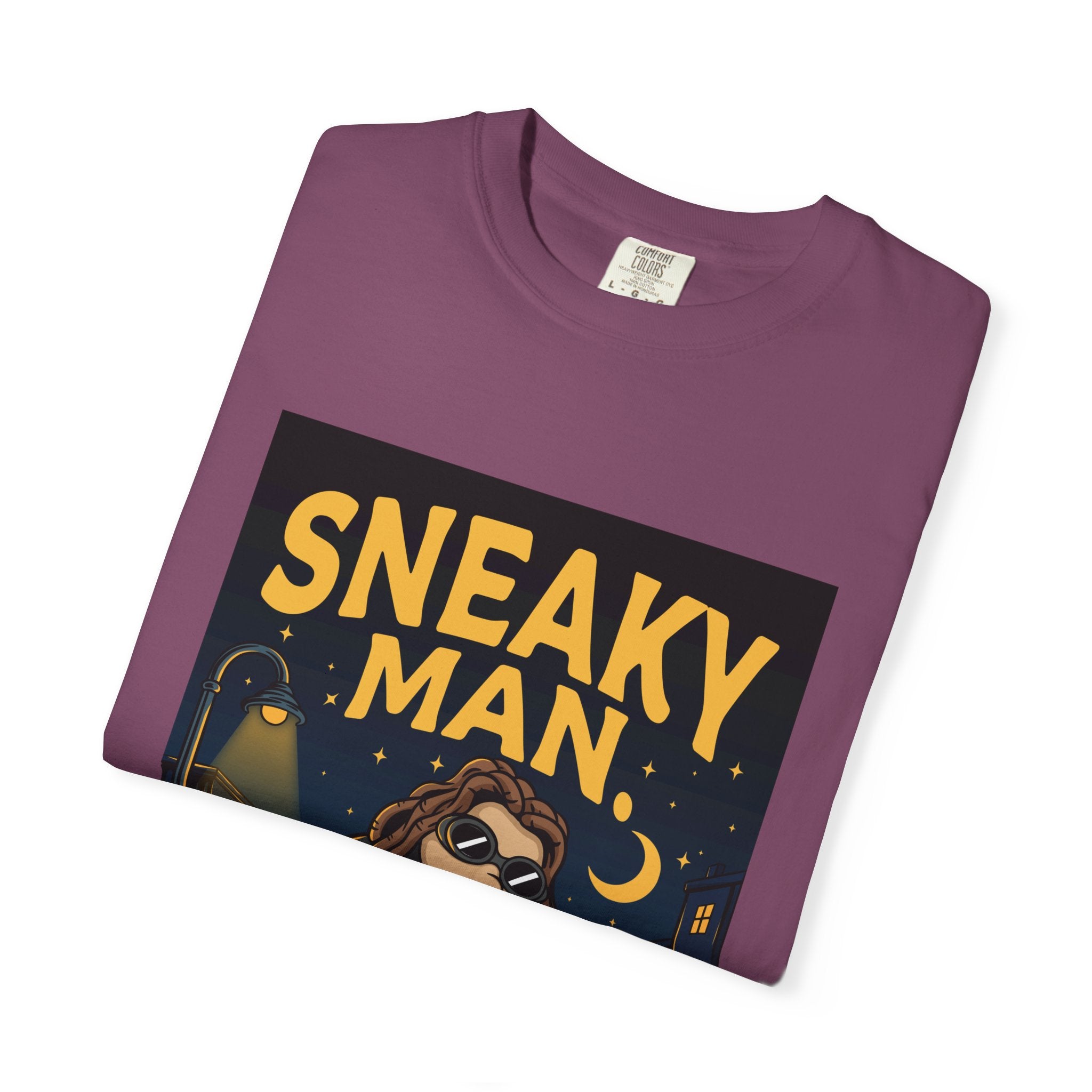 Sneaky Man Graphic T-Shirt — Vintage Nighttime Cartoon Tee
