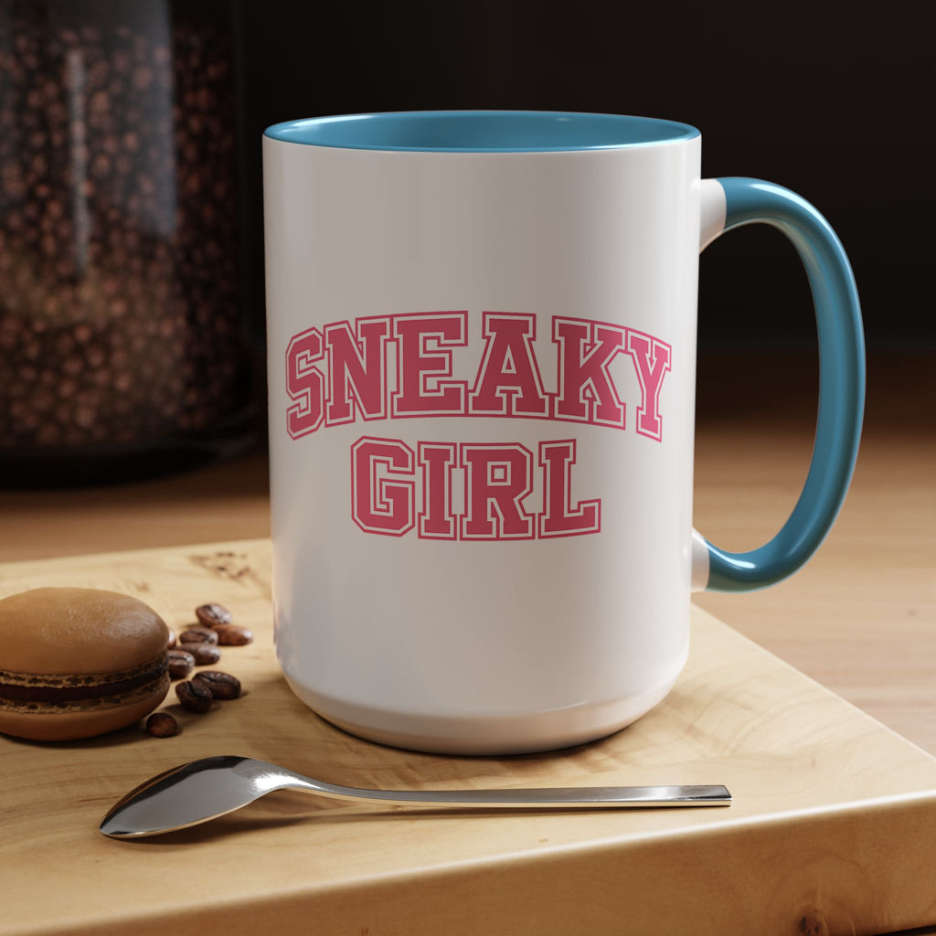 Sneaky Girl Accent Coffee Mug — Pink Varsity Text 11/15oz