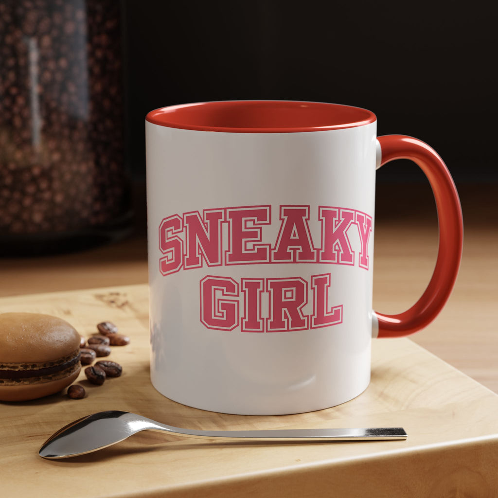 Sneaky Girl Accent Coffee Mug — Pink Varsity Text 11/15oz