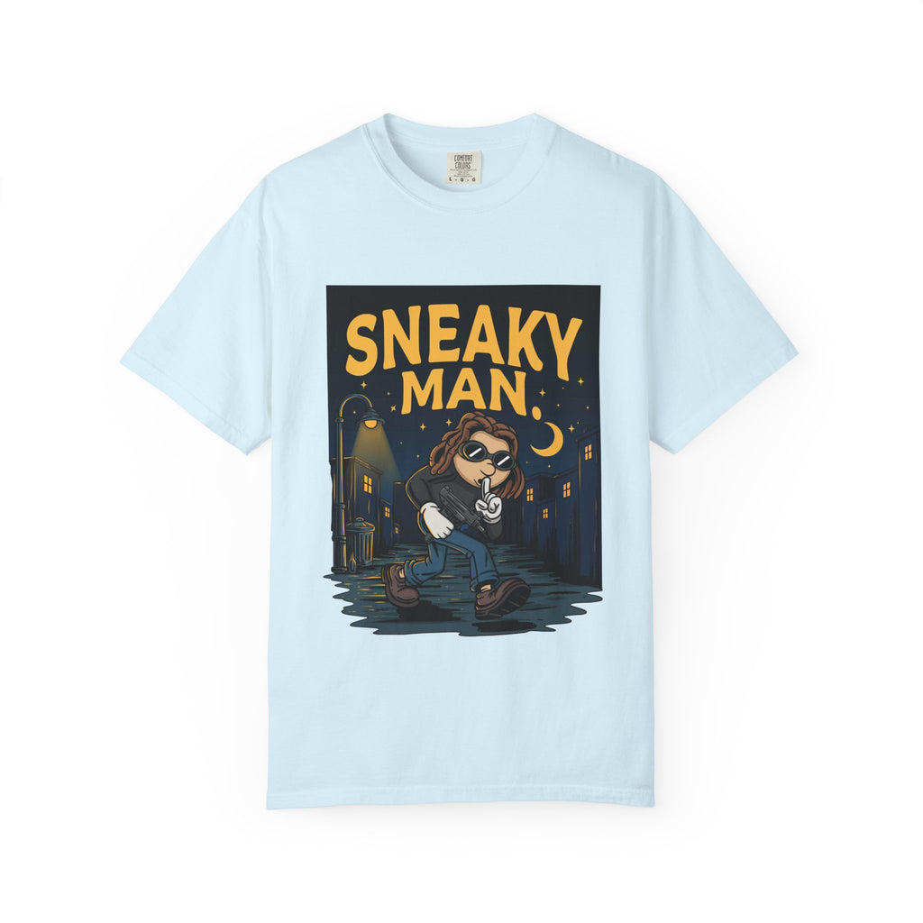 Sneaky Man Graphic T-Shirt — Vintage Nighttime Cartoon Tee