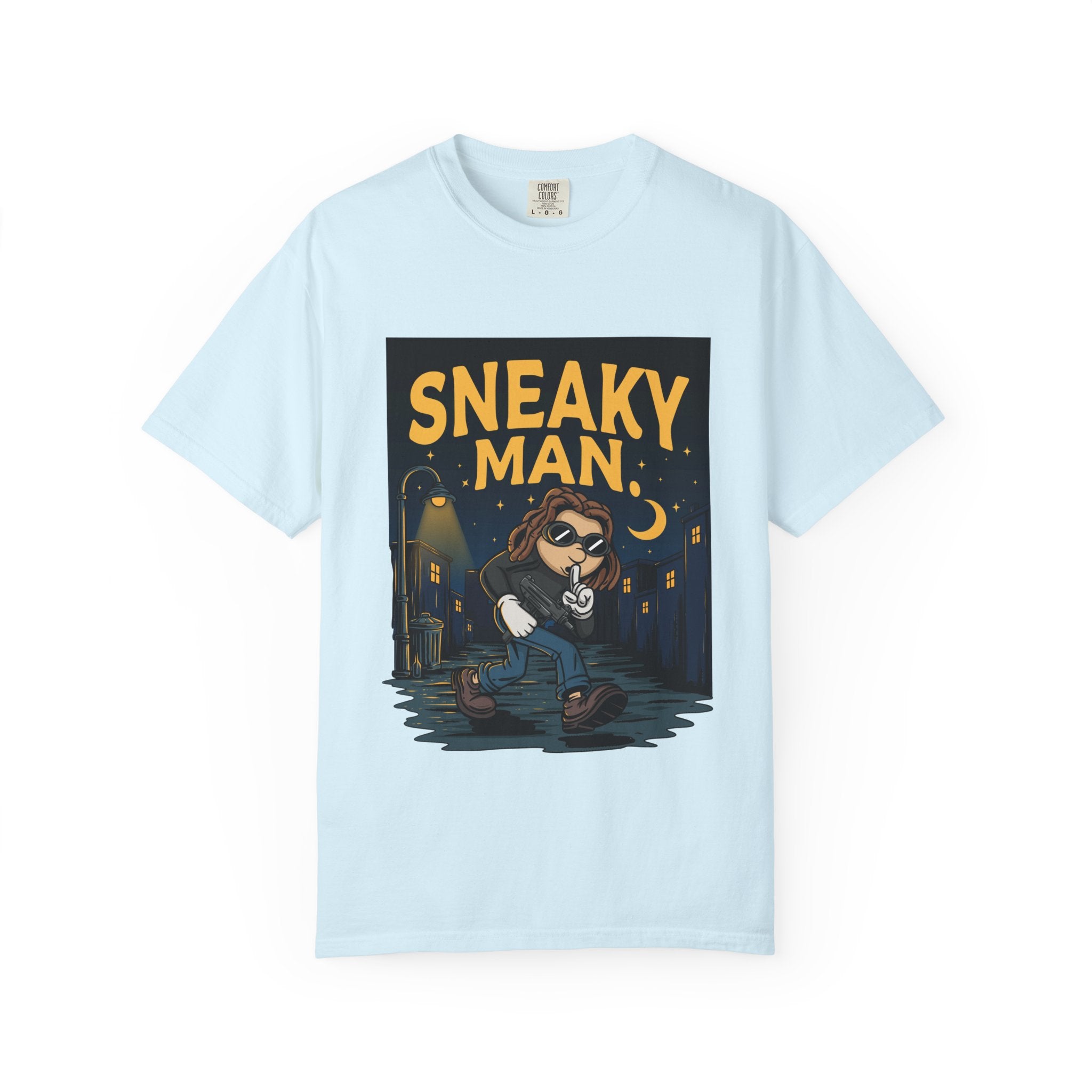 Sneaky Man Graphic T-Shirt — Vintage Nighttime Cartoon Tee