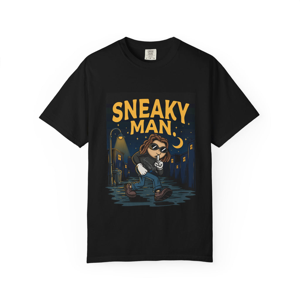Sneaky Man Graphic T-Shirt — Vintage Nighttime Cartoon Tee