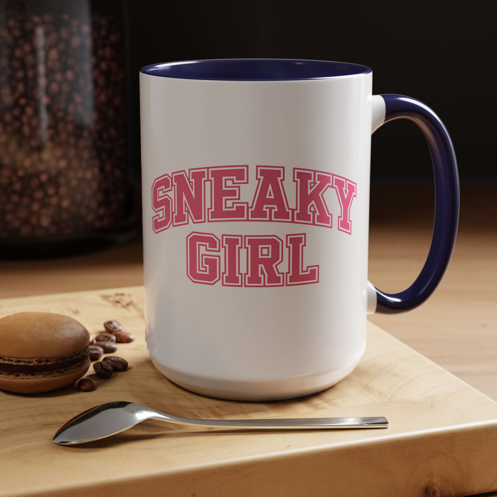 Sneaky Girl Accent Coffee Mug — Pink Varsity Text 11/15oz