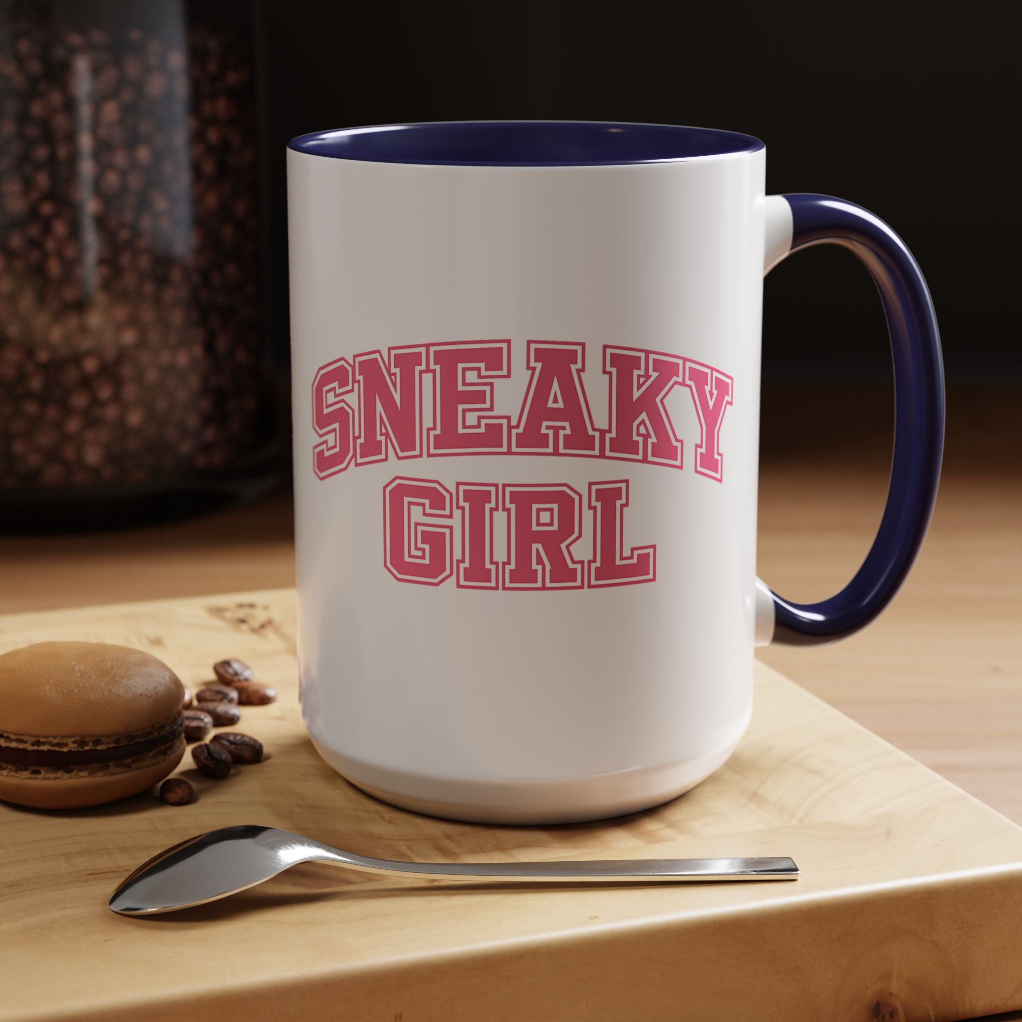 Sneaky Girl Accent Coffee Mug — Pink Varsity Text 11/15oz