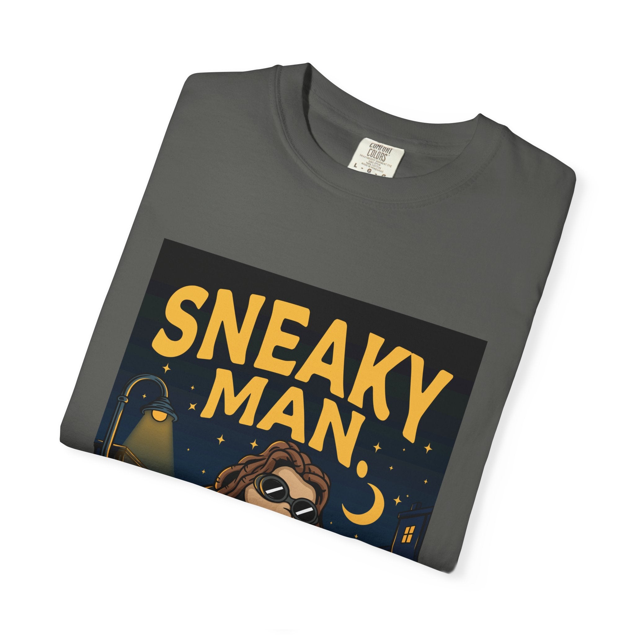 Sneaky Man Graphic T-Shirt — Vintage Nighttime Cartoon Tee
