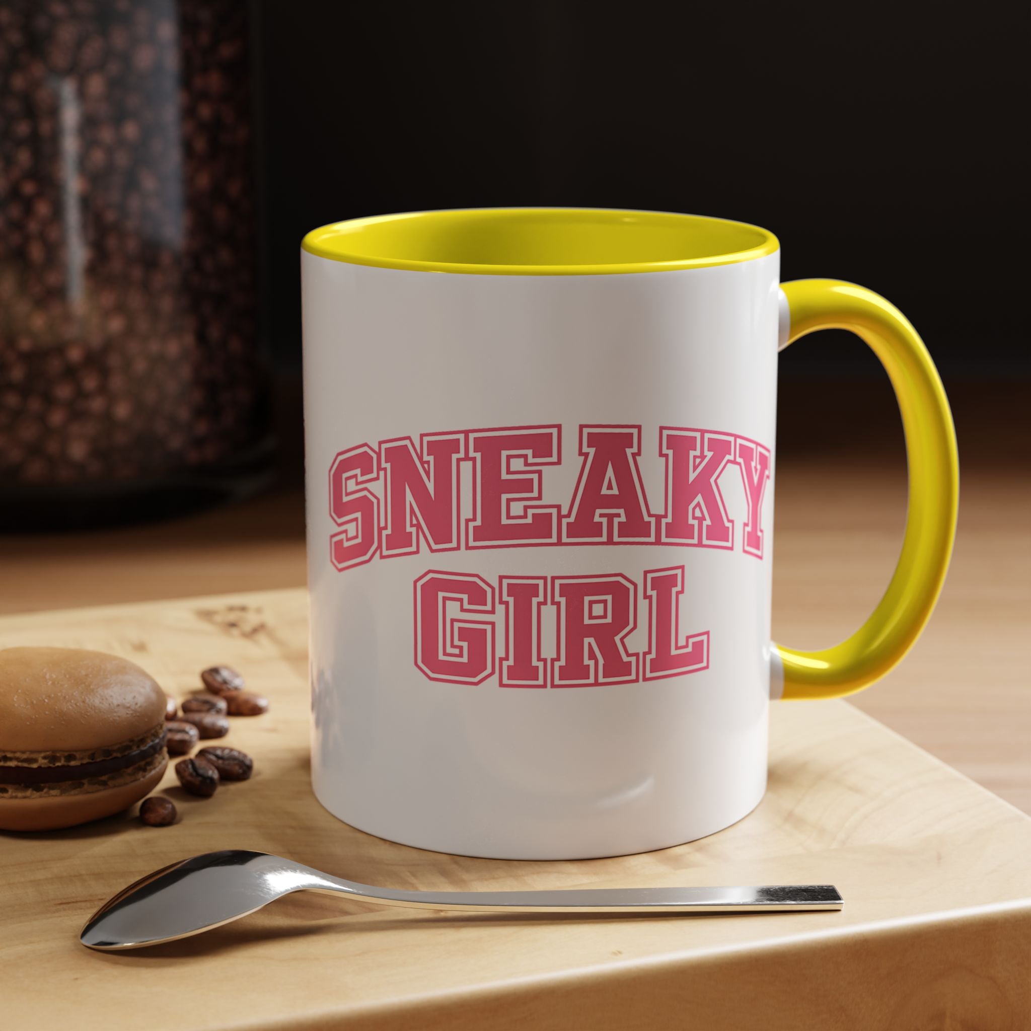 Sneaky Girl Accent Coffee Mug — Pink Varsity Text 11/15oz