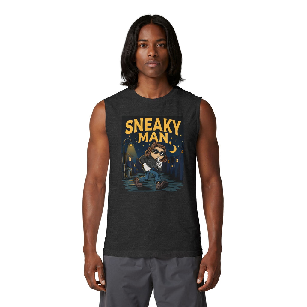 Sneaky Man Muscle Tank – Nighttime Raccoon Thief Graphic Tank Top