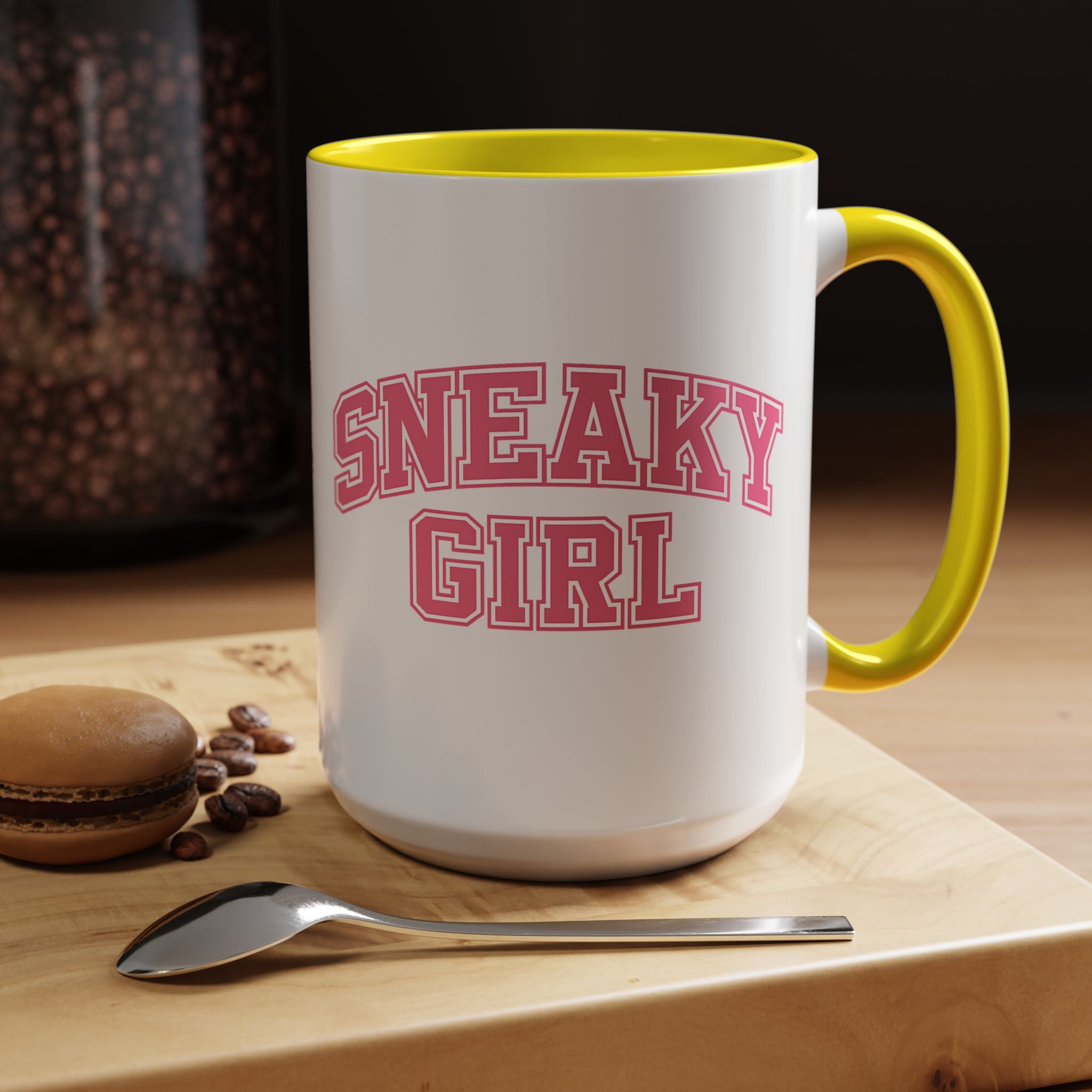 Sneaky Girl Accent Coffee Mug — Pink Varsity Text 11/15oz