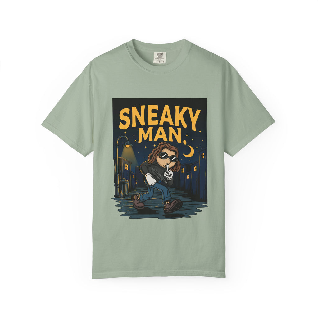 Sneaky Man Graphic T-Shirt — Vintage Nighttime Cartoon Tee
