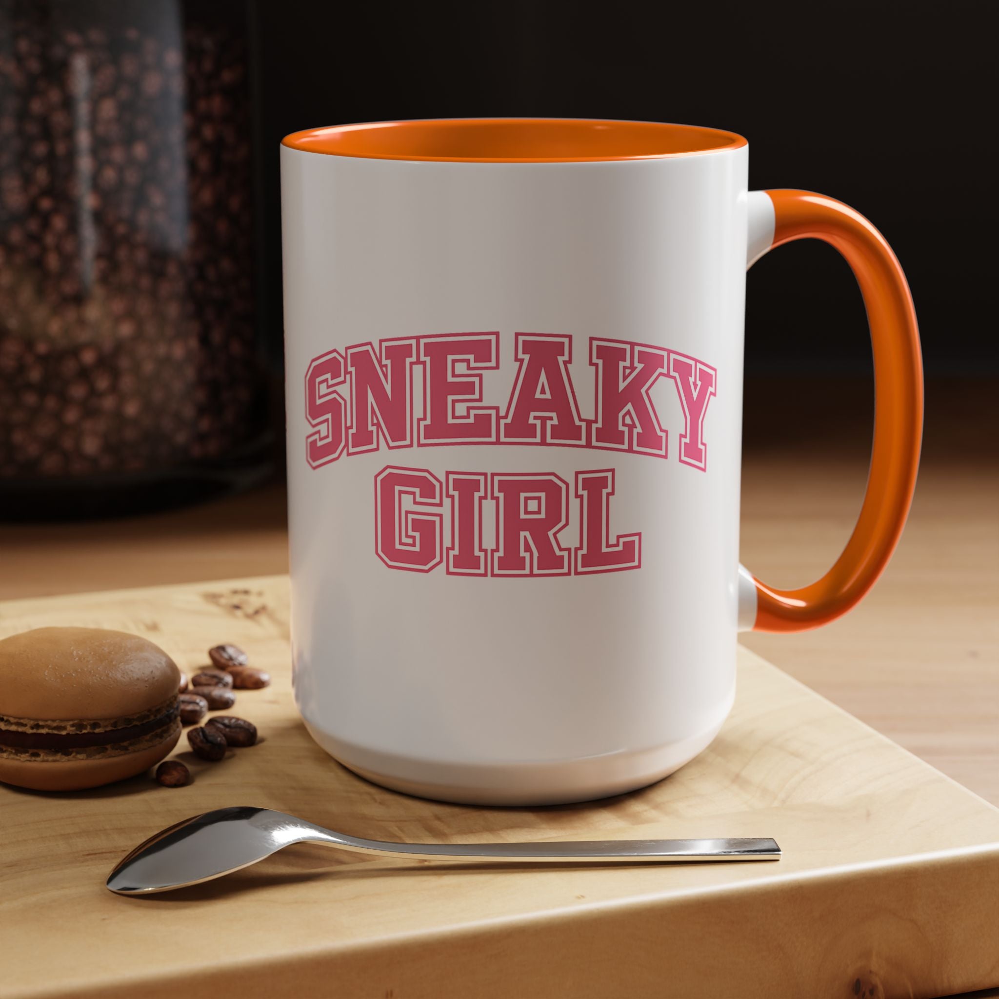 Sneaky Girl Accent Coffee Mug — Pink Varsity Text 11/15oz