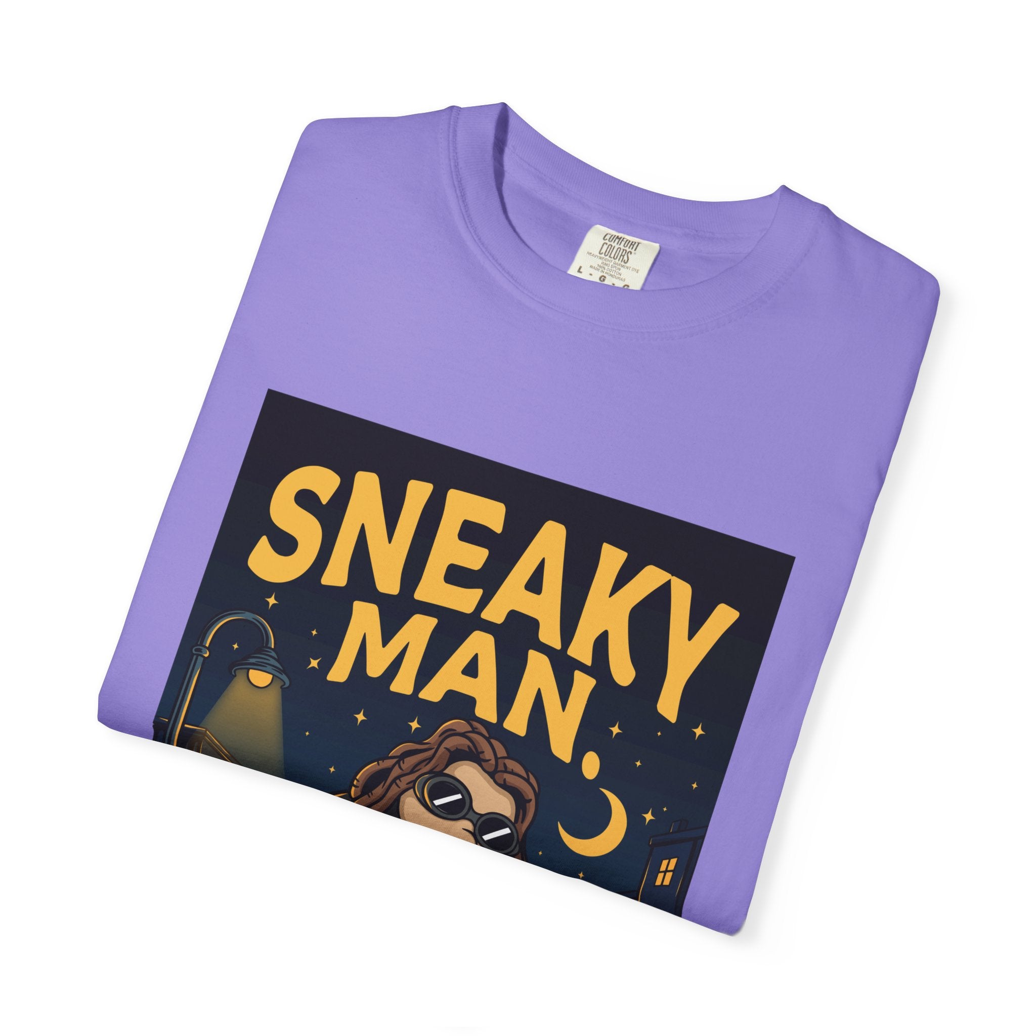 Sneaky Man Graphic T-Shirt — Vintage Nighttime Cartoon Tee