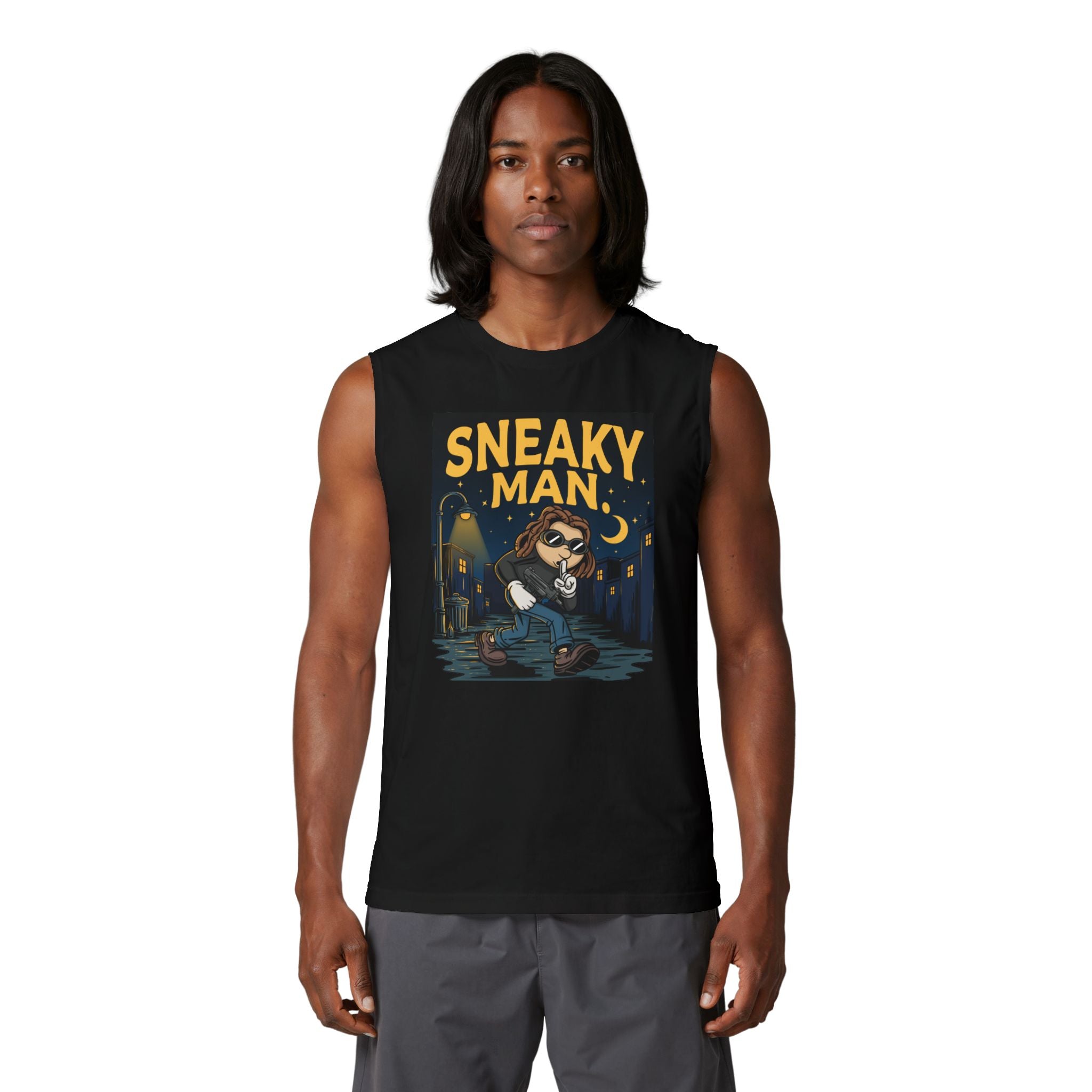 Sneaky Man Muscle Tank – Nighttime Raccoon Thief Graphic Tank Top