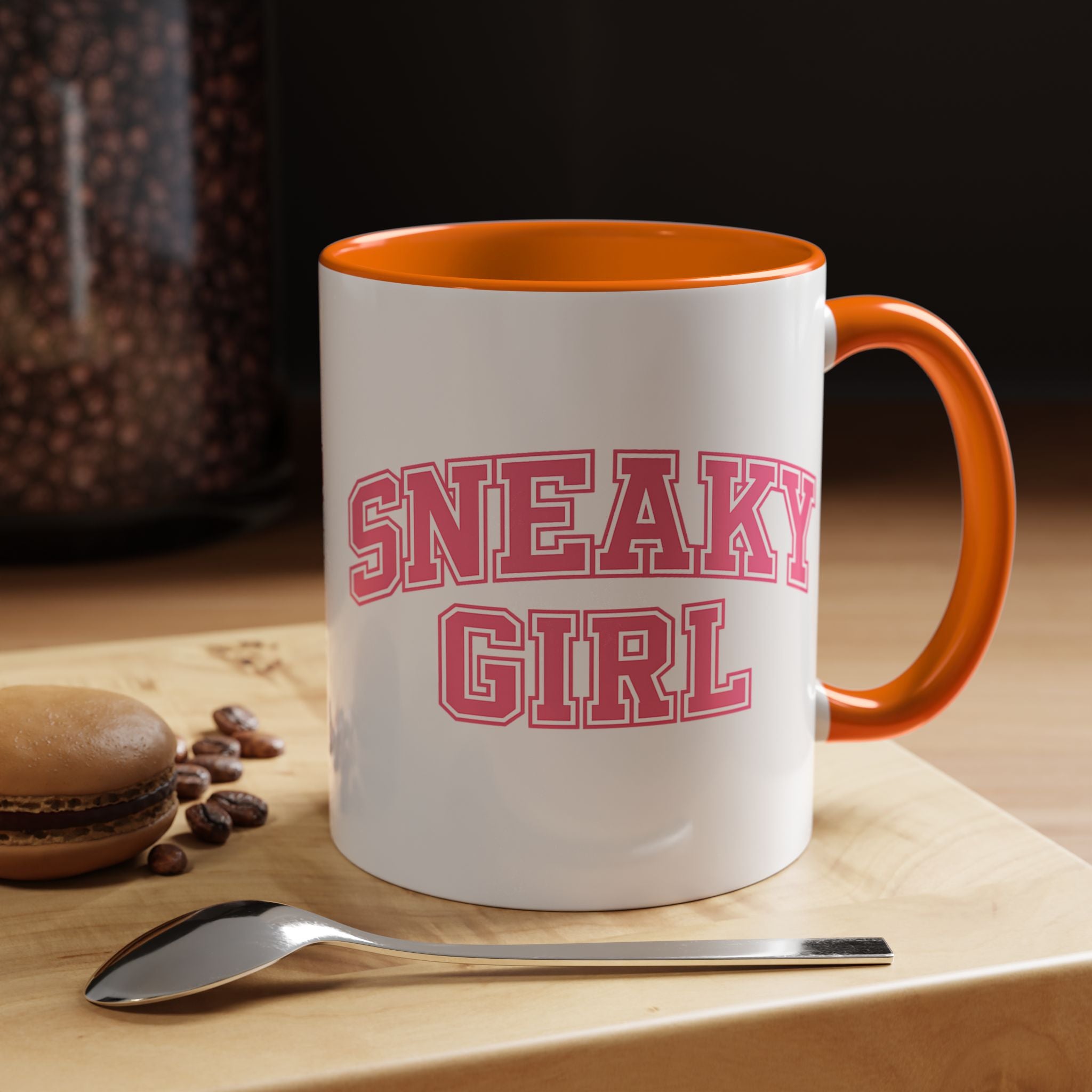 Sneaky Girl Accent Coffee Mug — Pink Varsity Text 11/15oz