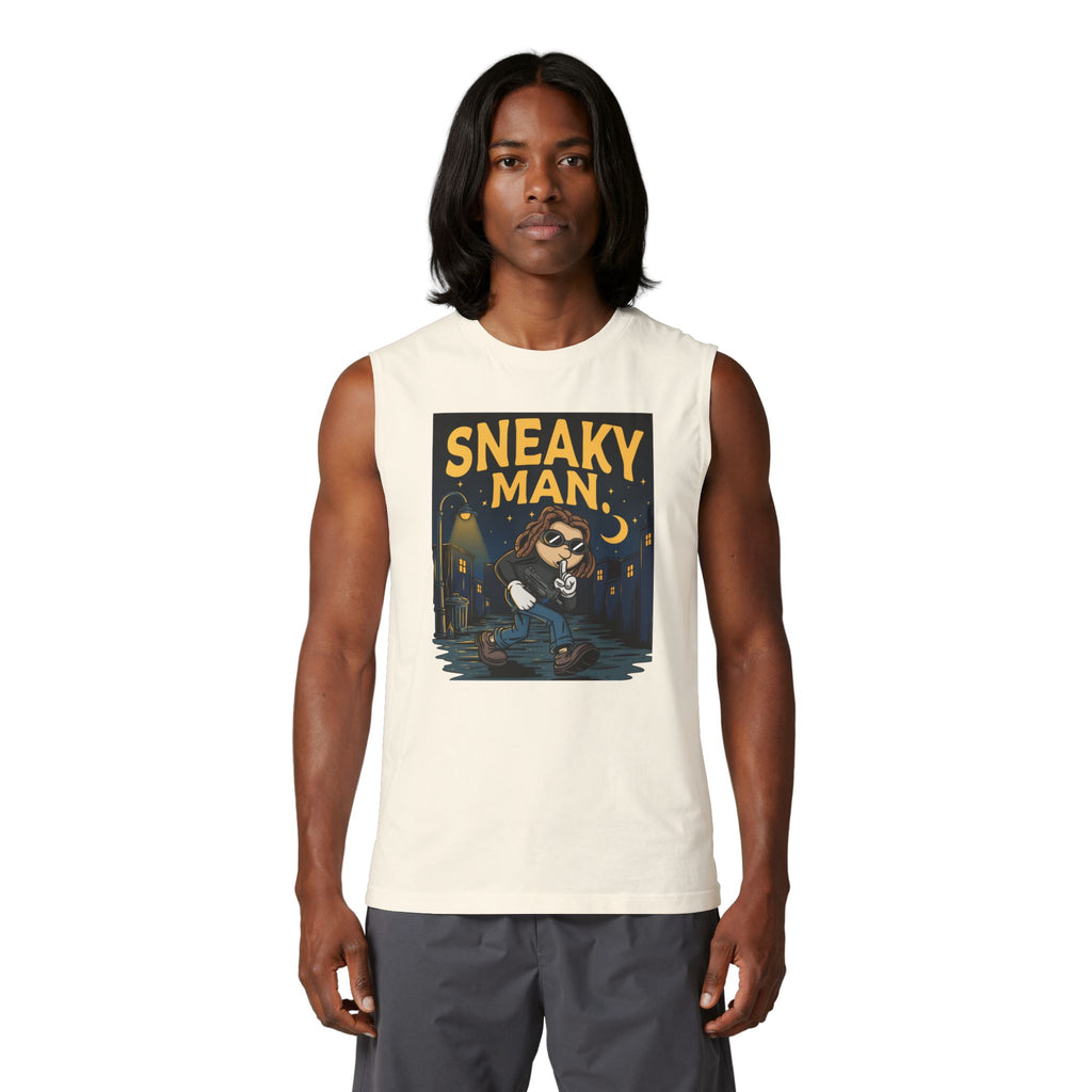 Sneaky Man Muscle Tank – Nighttime Raccoon Thief Graphic Tank Top