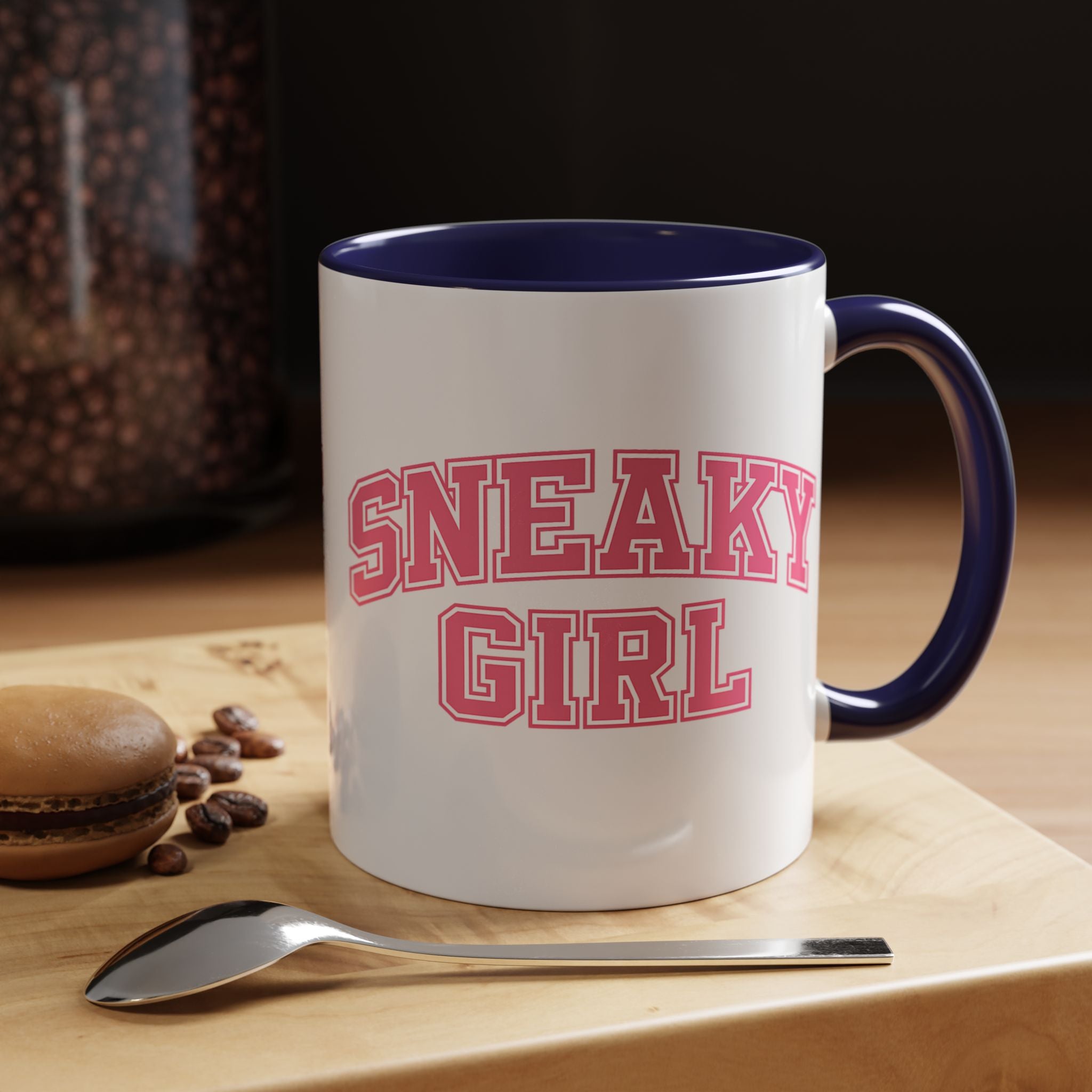 Sneaky Girl Accent Coffee Mug — Pink Varsity Text 11/15oz