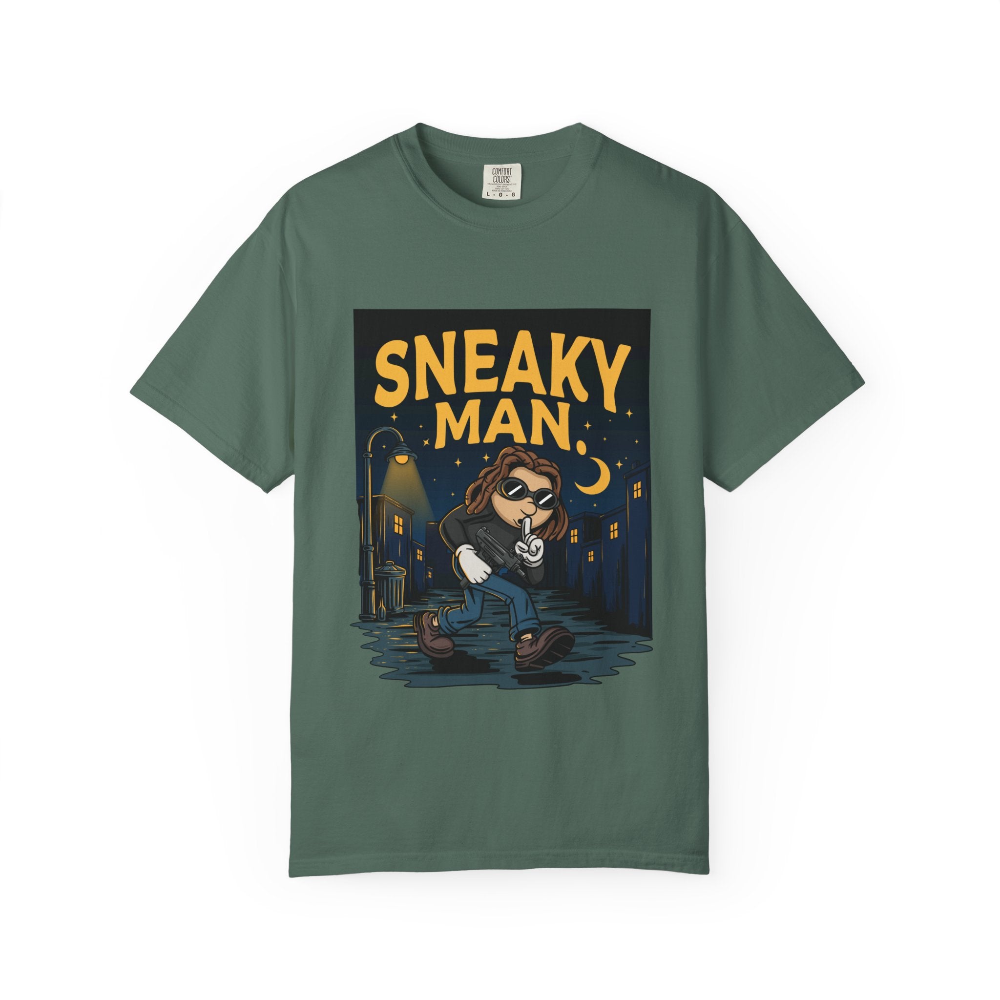 Sneaky Man Graphic T-Shirt — Vintage Nighttime Cartoon Tee
