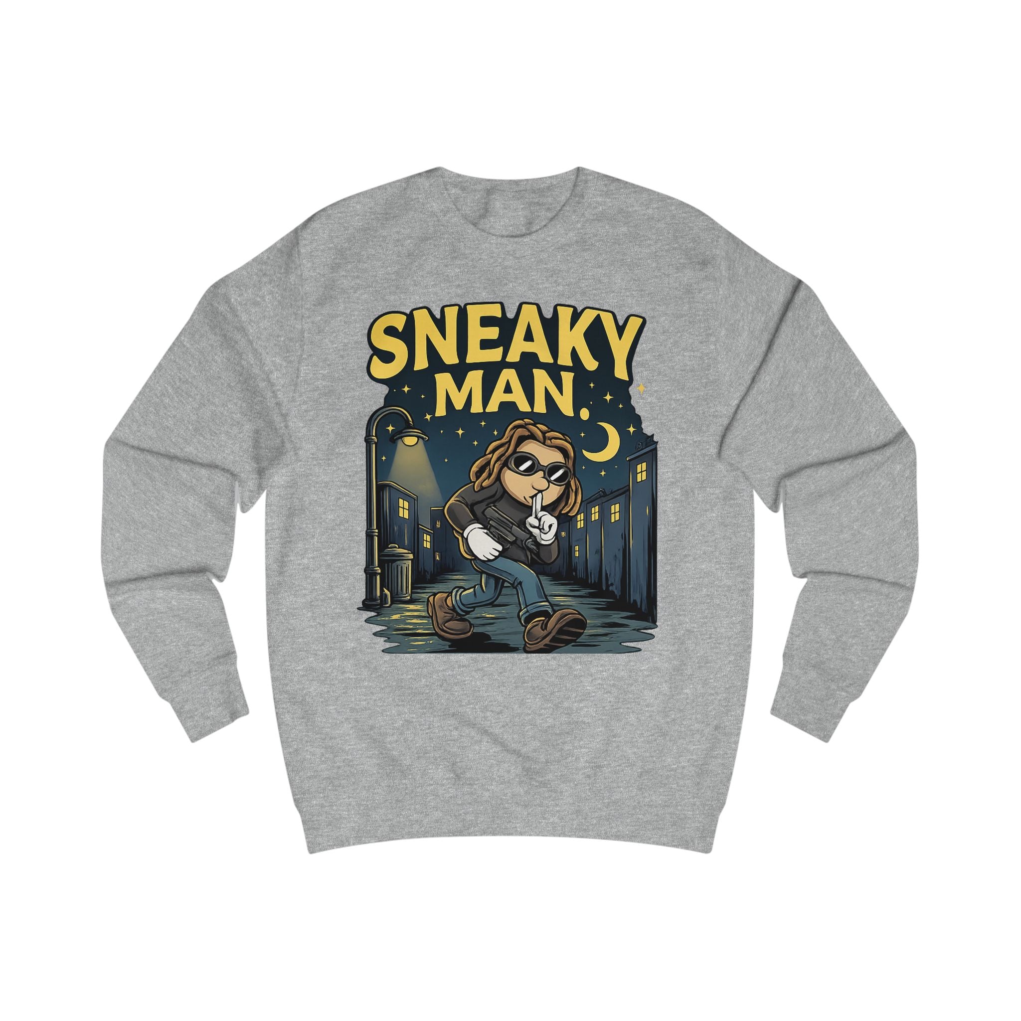 Sneaky Man Sweatshirt — Funny Nighttime Thief Cartoon Crewneck