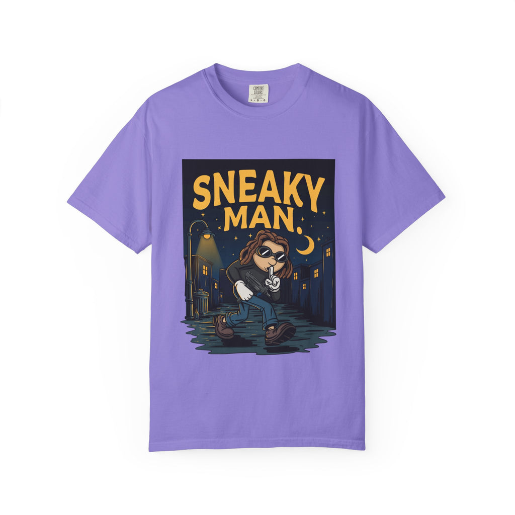 Sneaky Man Graphic T-Shirt — Vintage Nighttime Cartoon Tee