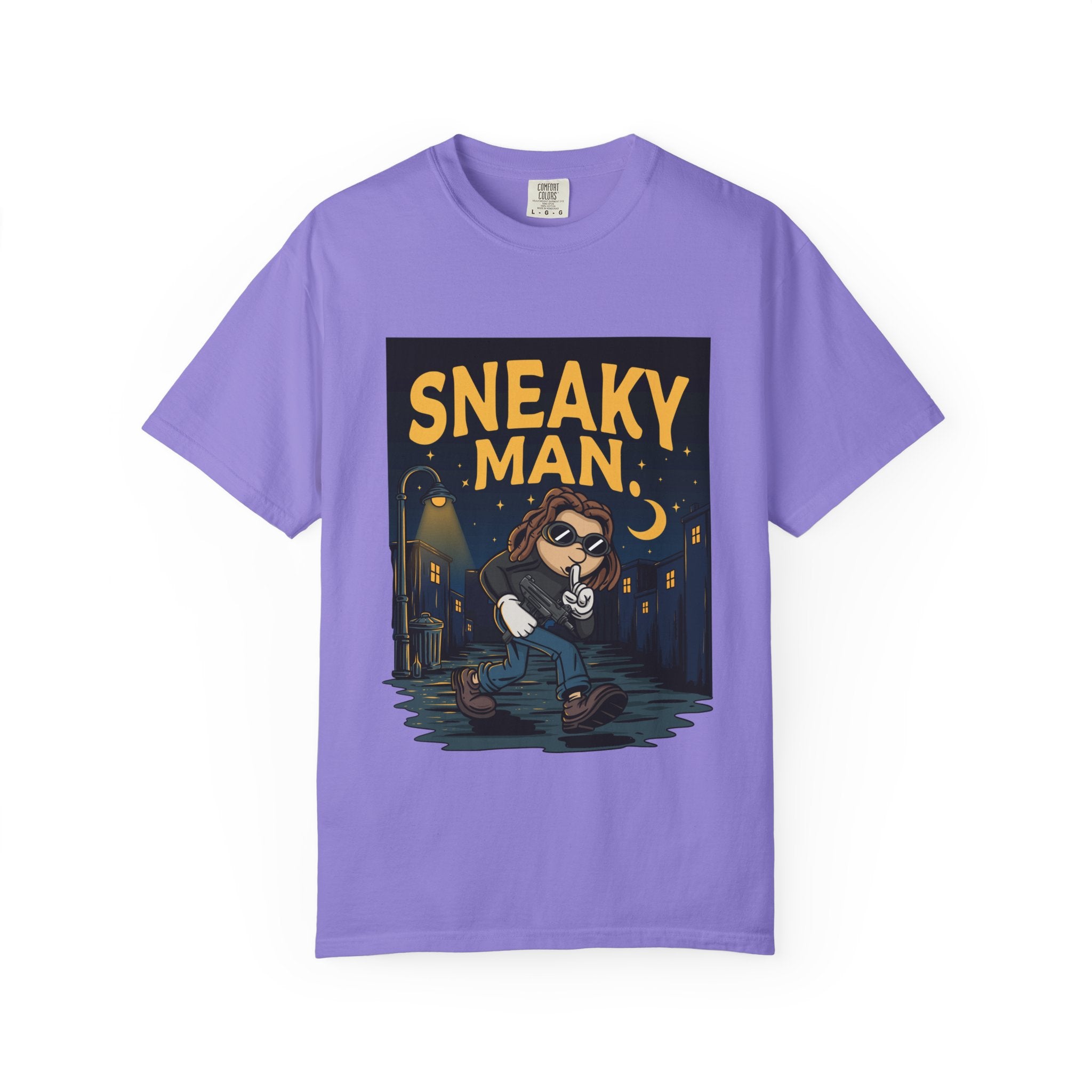 Sneaky Man Graphic T-Shirt — Vintage Nighttime Cartoon Tee