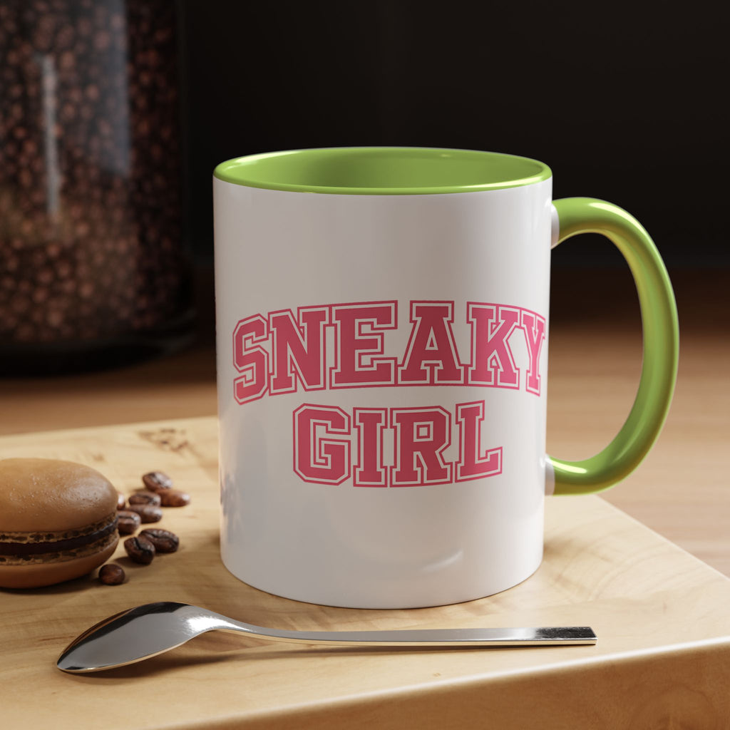 Sneaky Girl Accent Coffee Mug — Pink Varsity Text 11/15oz
