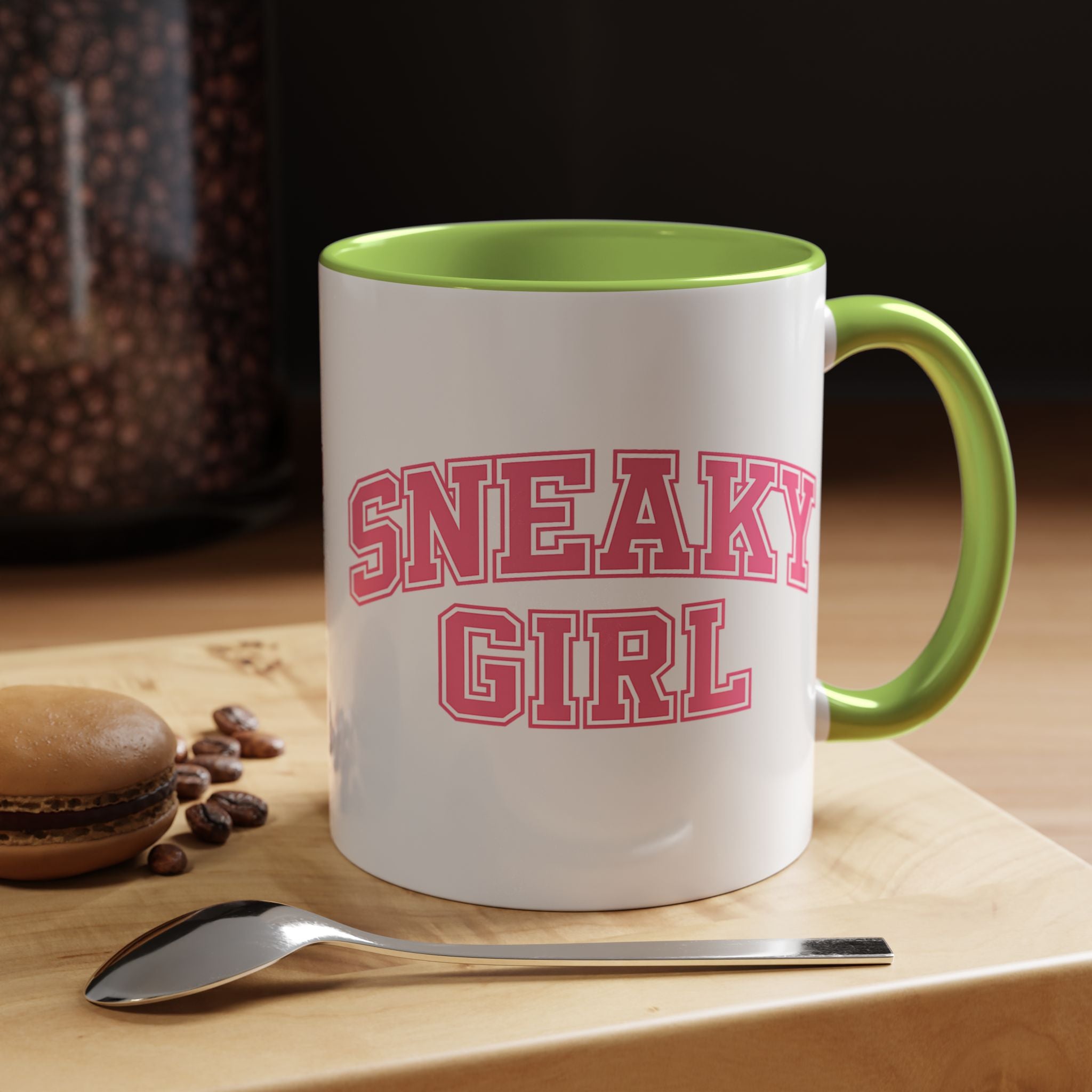Sneaky Girl Accent Coffee Mug — Pink Varsity Text 11/15oz