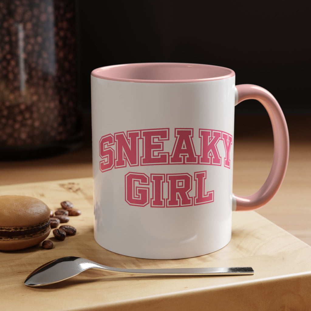 Sneaky Girl Accent Coffee Mug — Pink Varsity Text 11/15oz