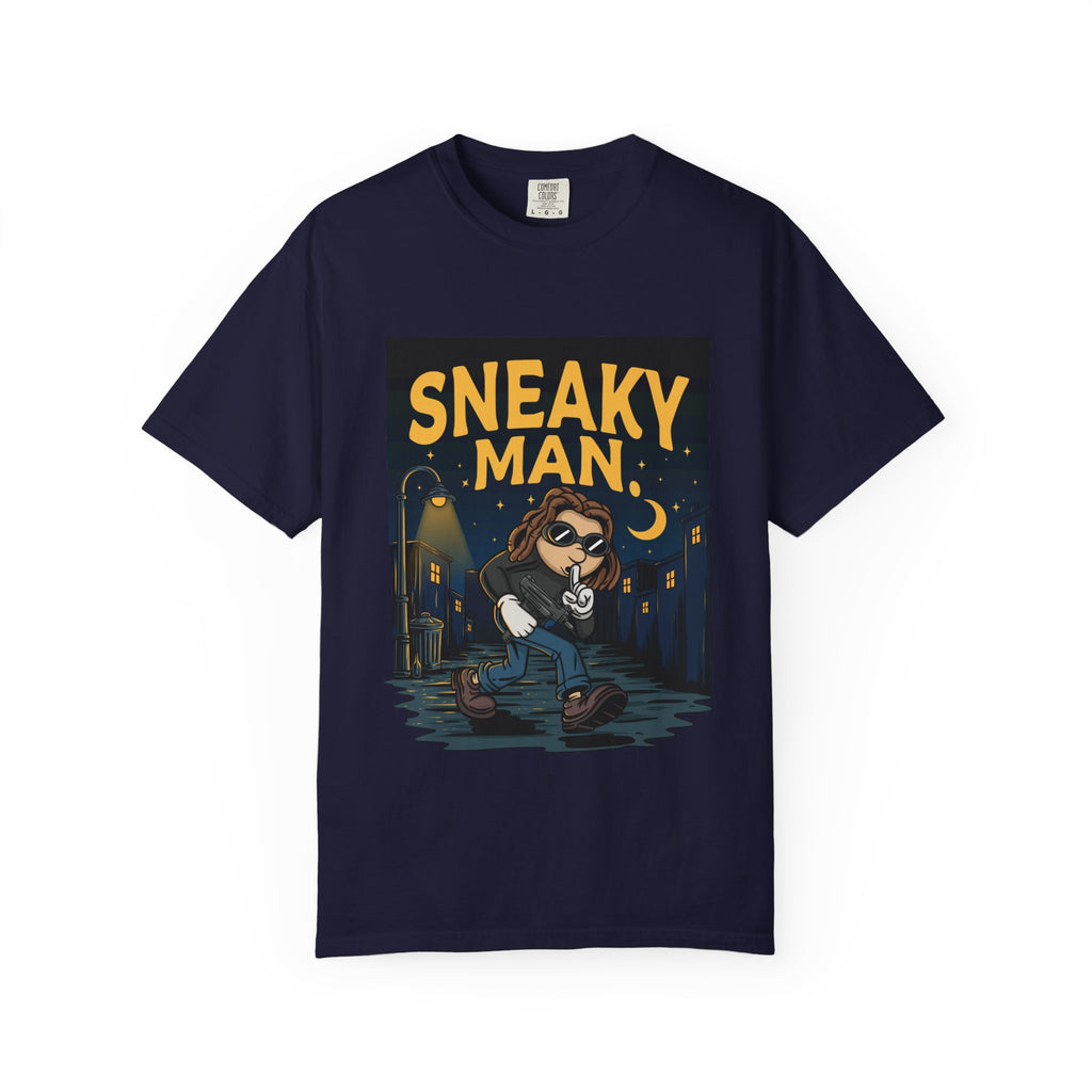 Sneaky Man Graphic T-Shirt — Vintage Nighttime Cartoon Tee