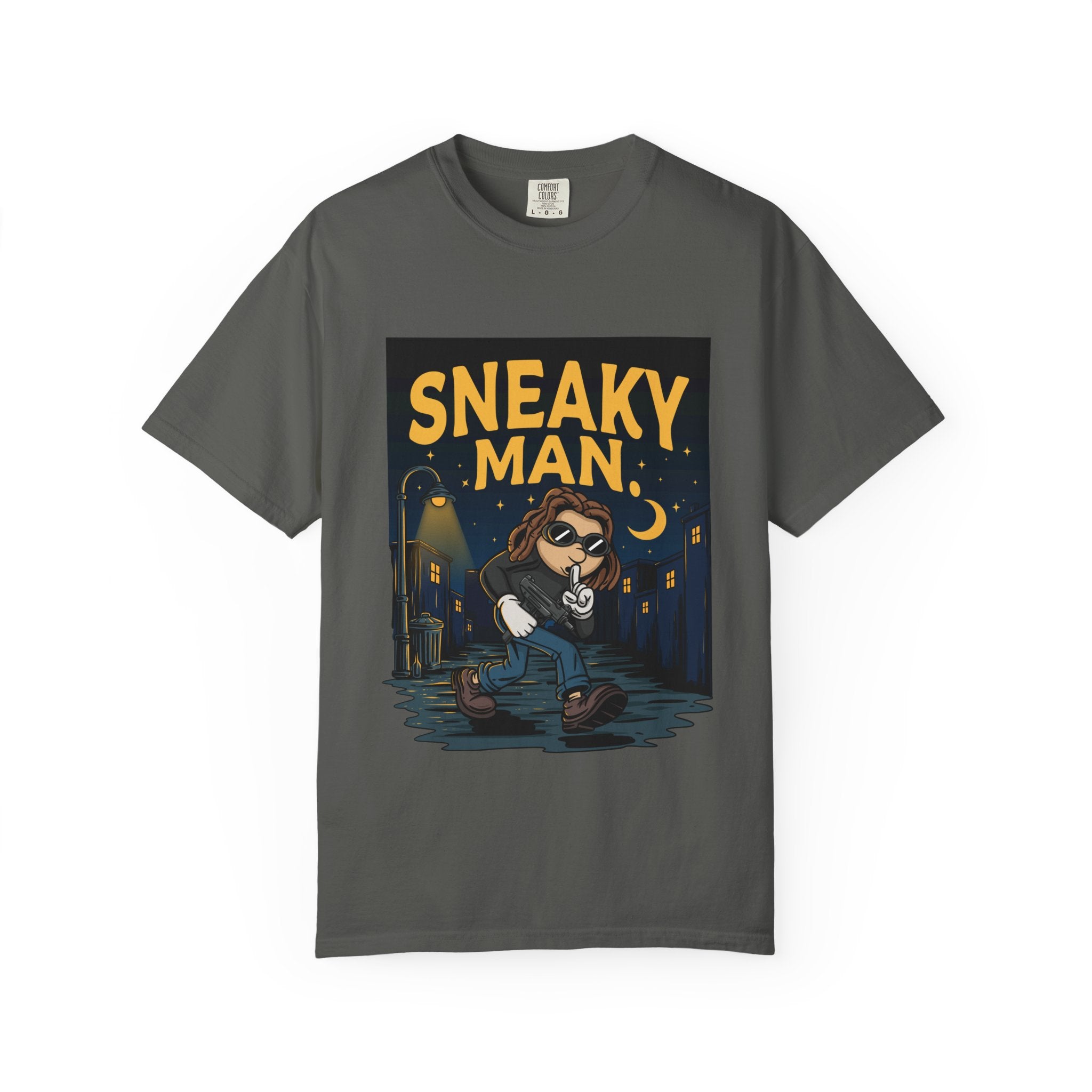 Sneaky Man Graphic T-Shirt — Vintage Nighttime Cartoon Tee