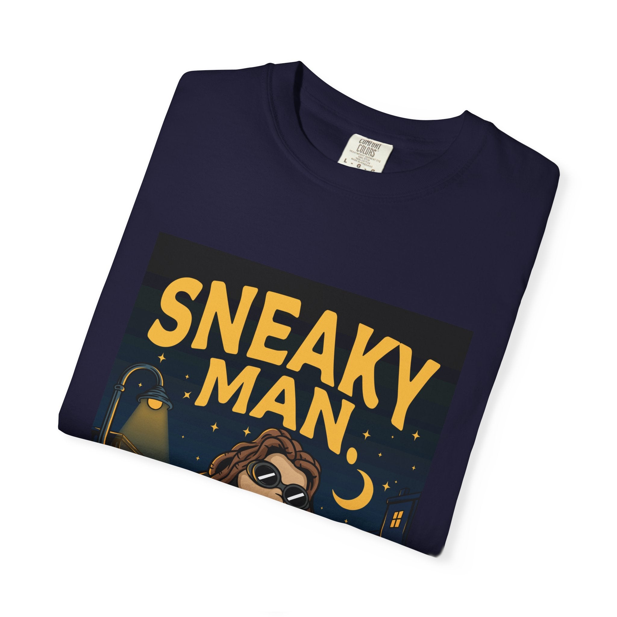 Sneaky Man Graphic T-Shirt — Vintage Nighttime Cartoon Tee