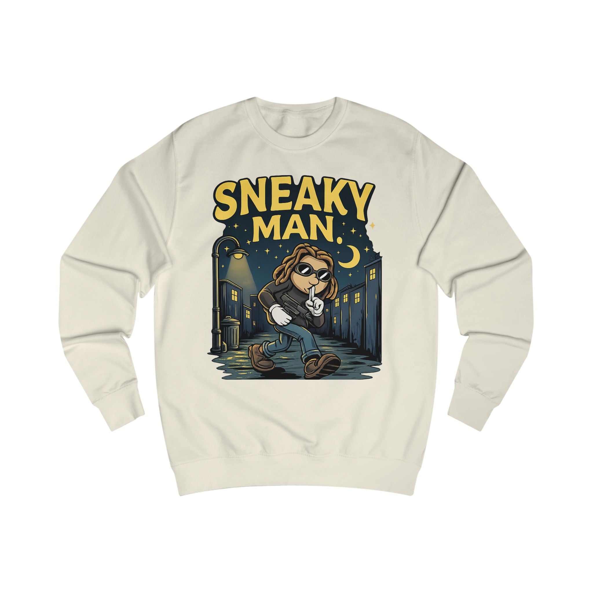Sneaky Man Sweatshirt — Funny Nighttime Thief Cartoon Crewneck