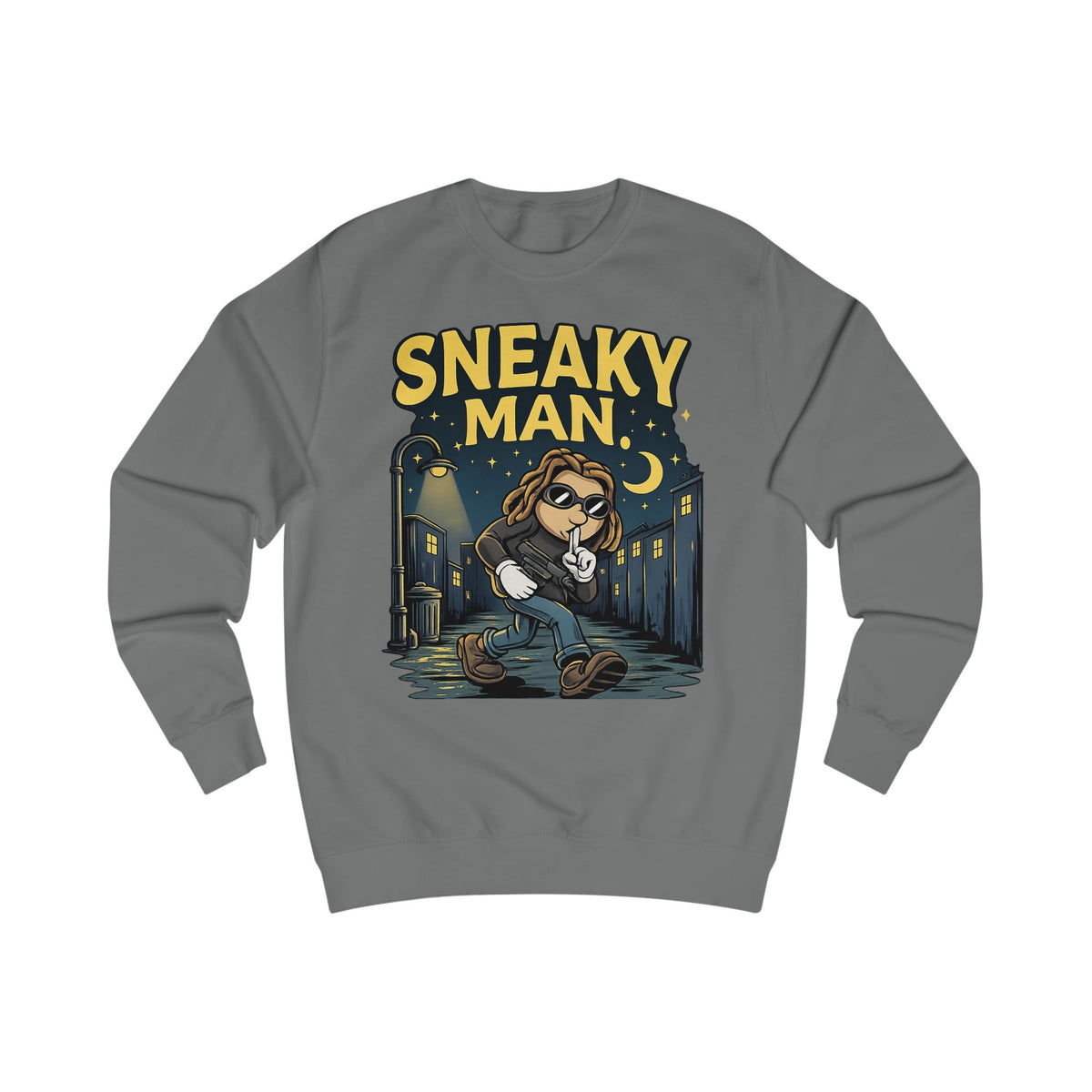 Sneaky Man Sweatshirt — Funny Nighttime Thief Cartoon Crewneck
