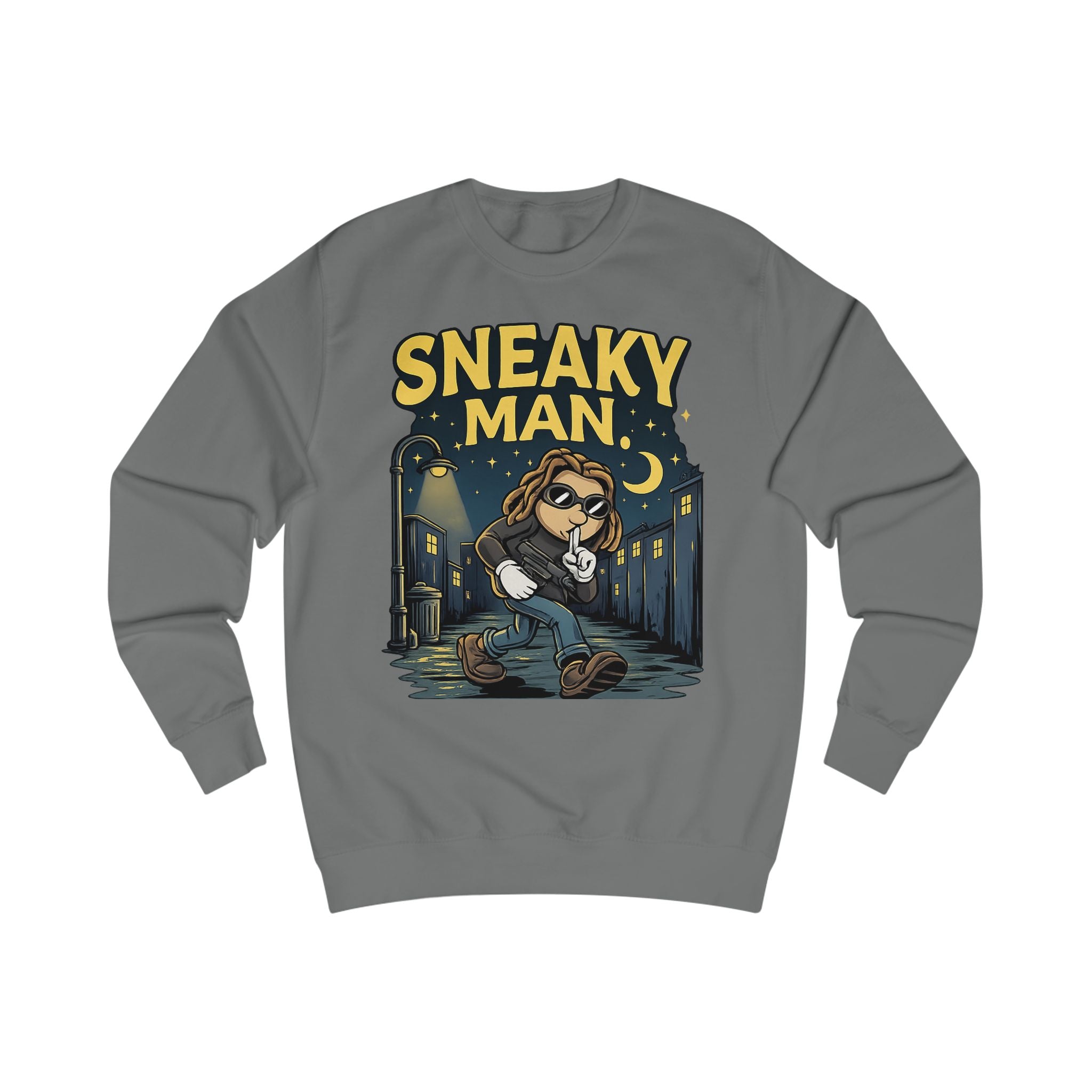 Sneaky Man Sweatshirt — Funny Nighttime Thief Cartoon Crewneck