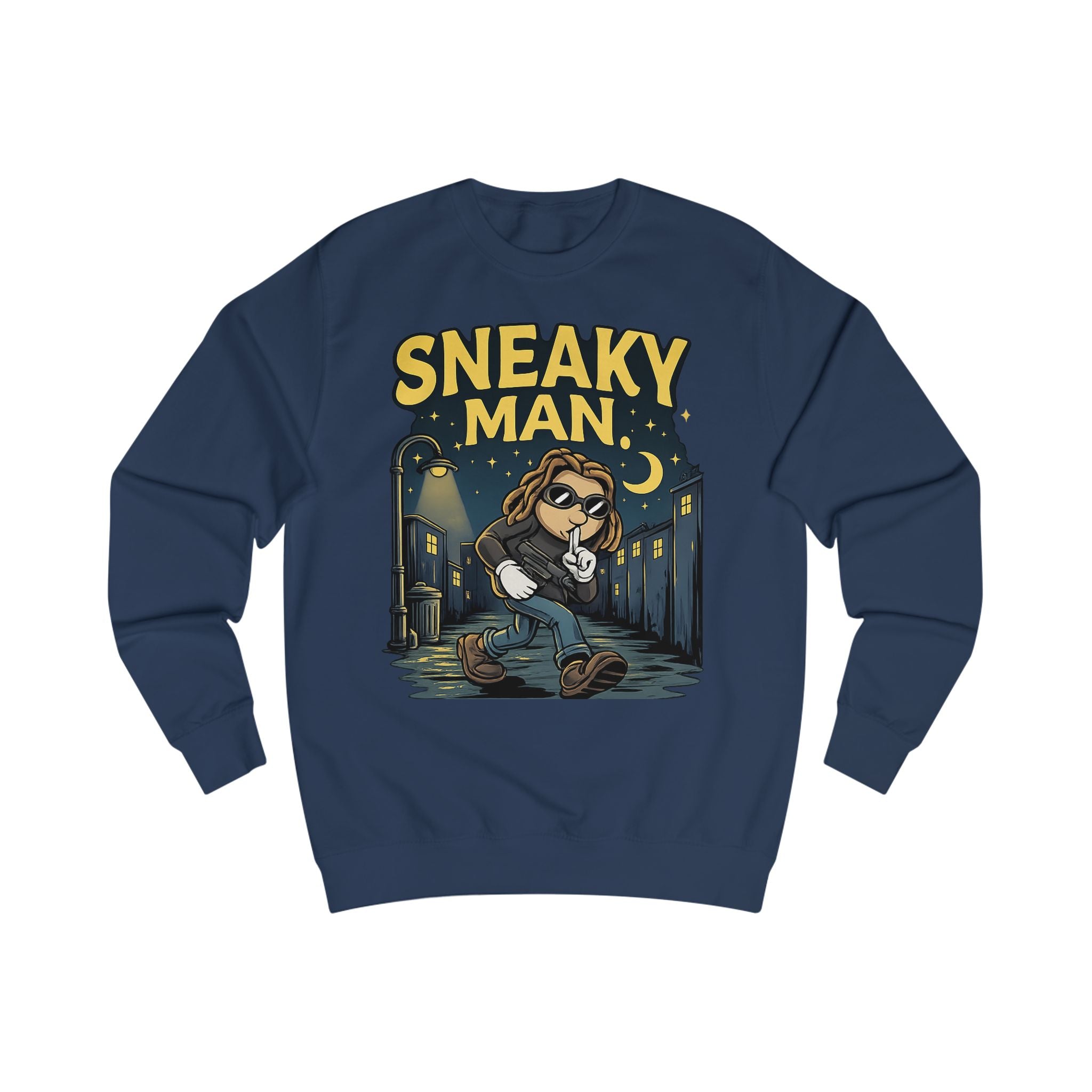Sneaky Man Sweatshirt — Funny Nighttime Thief Cartoon Crewneck