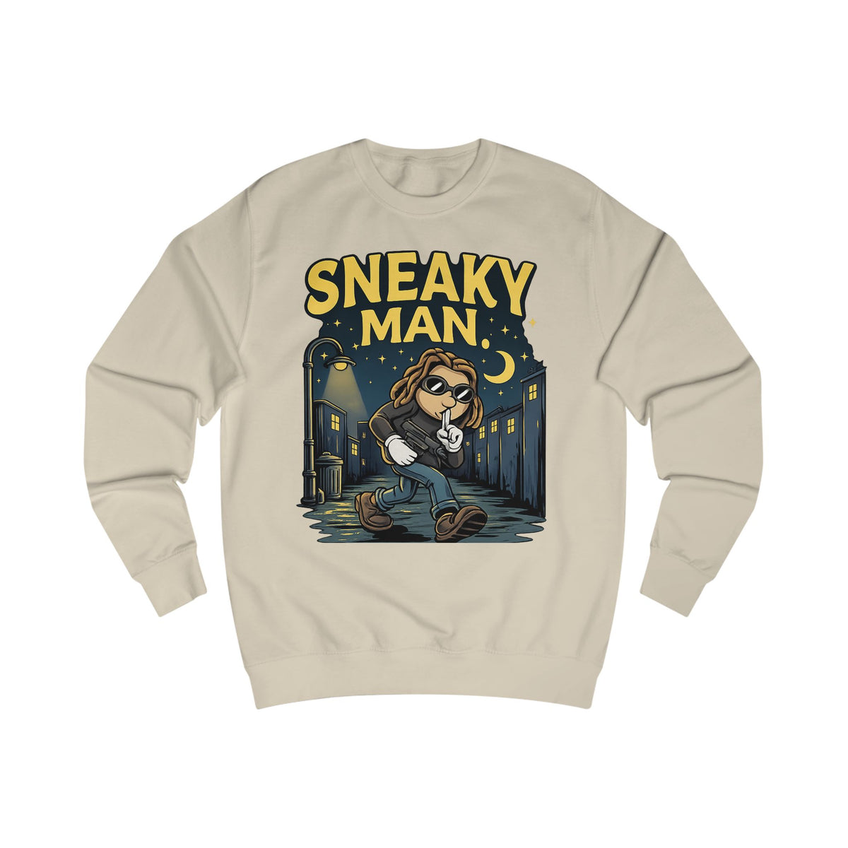 Sneaky Man Sweatshirt — Funny Nighttime Thief Cartoon Crewneck