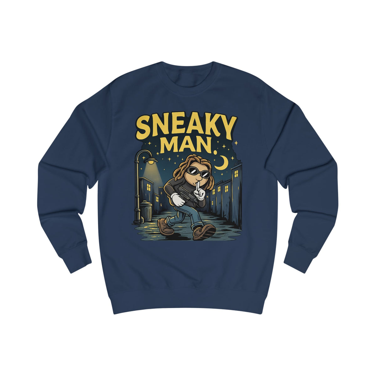 Sneaky Man Sweatshirt — Funny Nighttime Thief Cartoon Crewneck