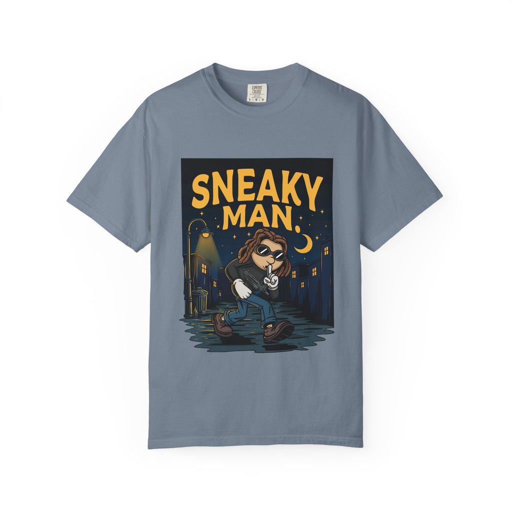 Sneaky Man Graphic T-Shirt — Vintage Nighttime Cartoon Tee