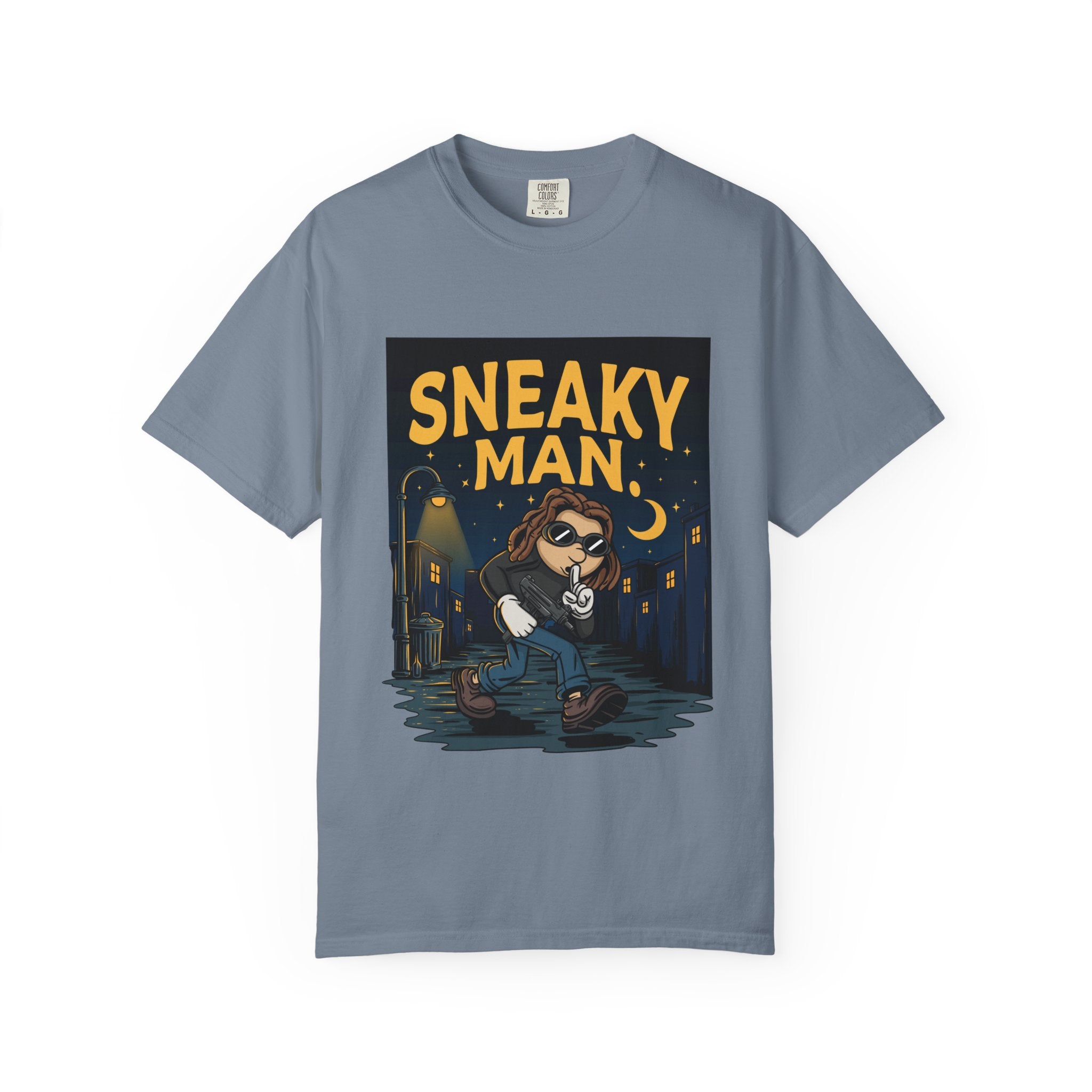 Sneaky Man Graphic T-Shirt — Vintage Nighttime Cartoon Tee