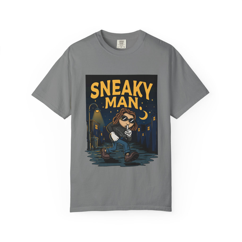 Sneaky Man Graphic T-Shirt — Vintage Nighttime Cartoon Tee