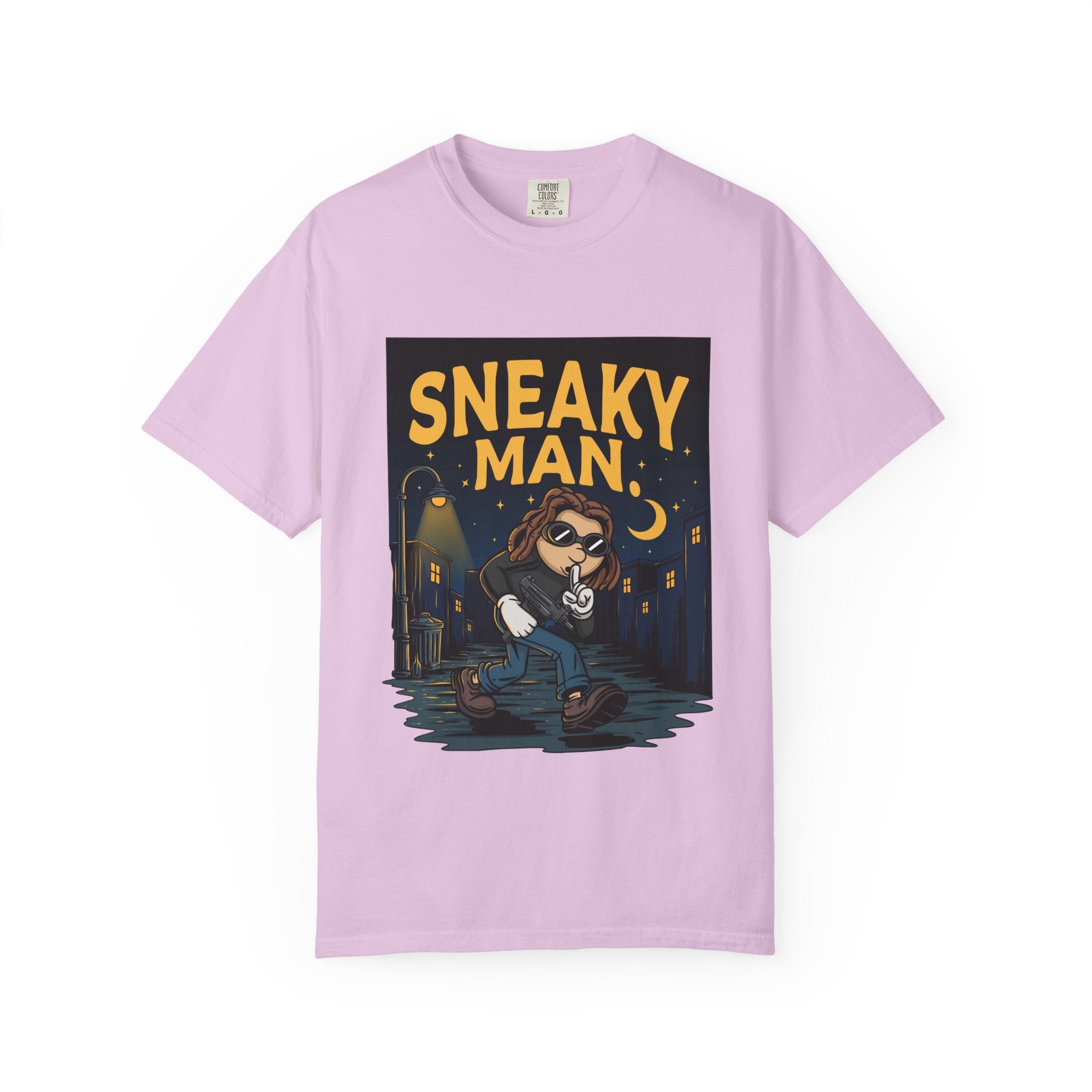 Sneaky Man Graphic T-Shirt — Vintage Nighttime Cartoon Tee