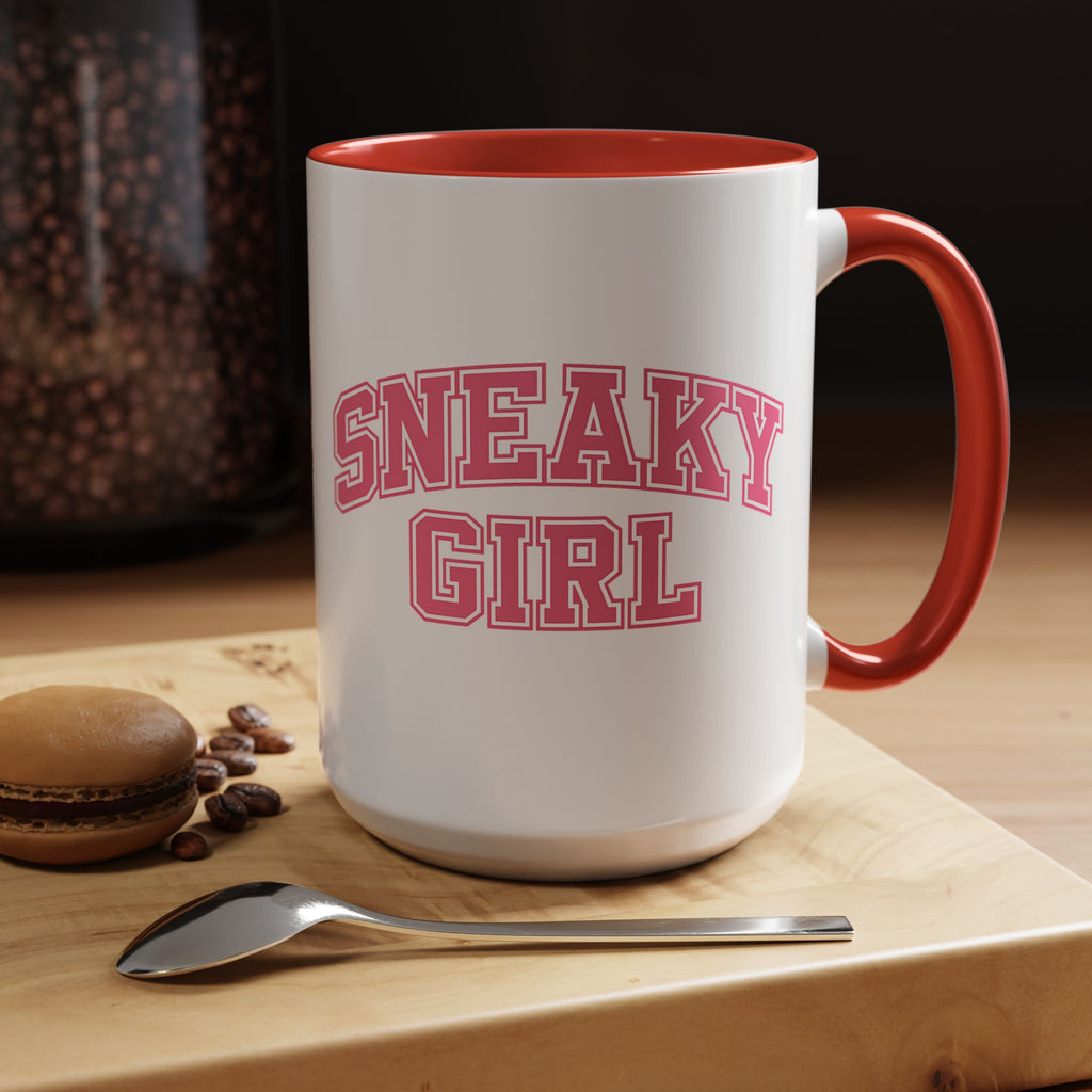 Sneaky Girl Accent Coffee Mug — Pink Varsity Text 11/15oz