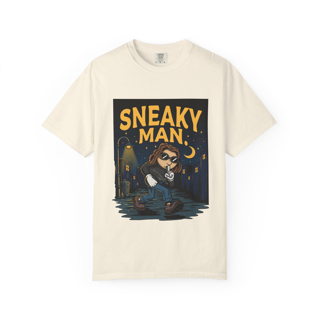 Sneaky Man Graphic T-Shirt — Vintage Nighttime Cartoon Tee