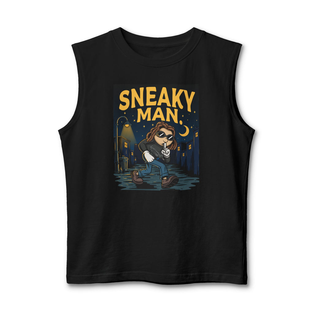 Sneaky Man Muscle Tank – Nighttime Raccoon Thief Graphic Tank Top