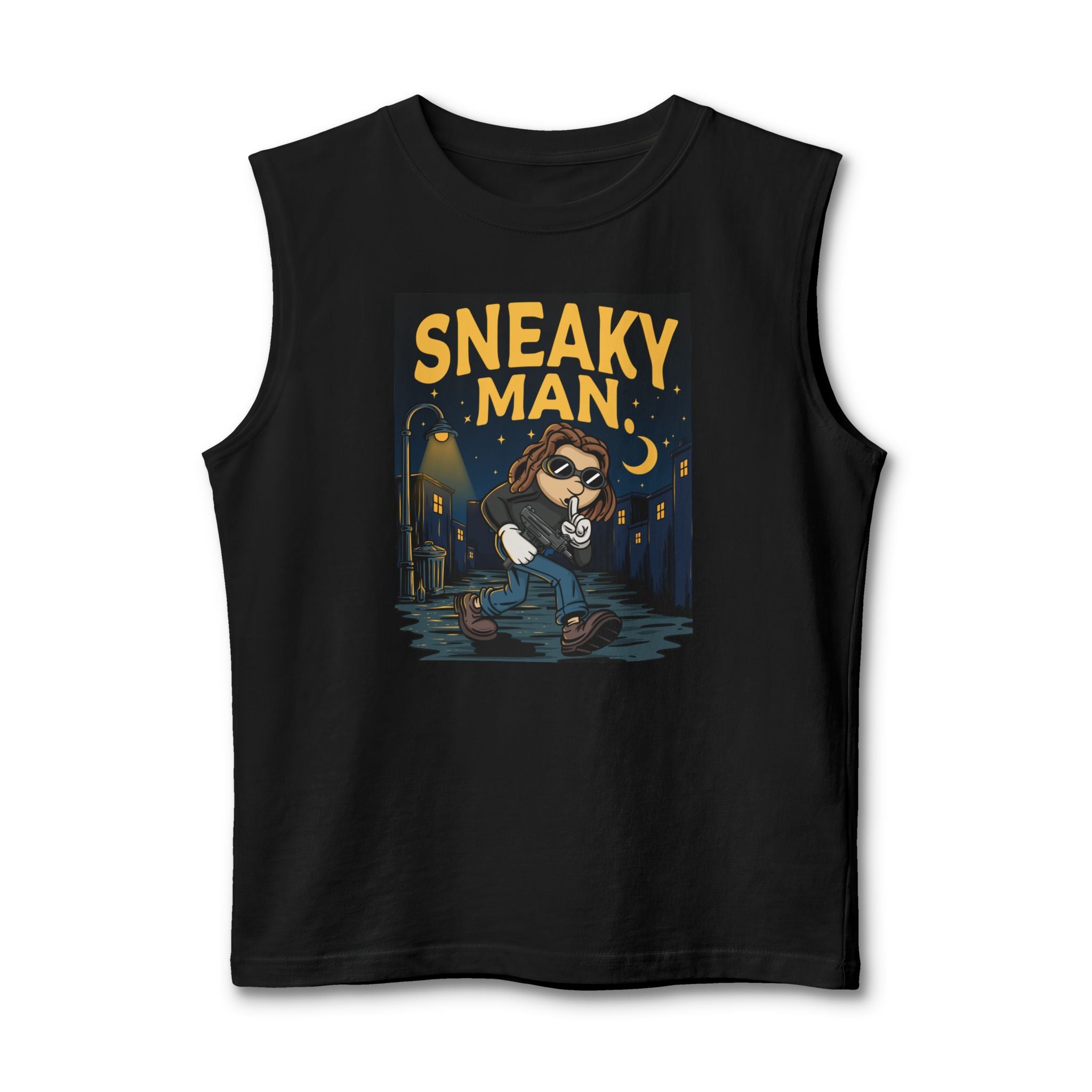 Sneaky Man Muscle Tank – Nighttime Raccoon Thief Graphic Tank Top