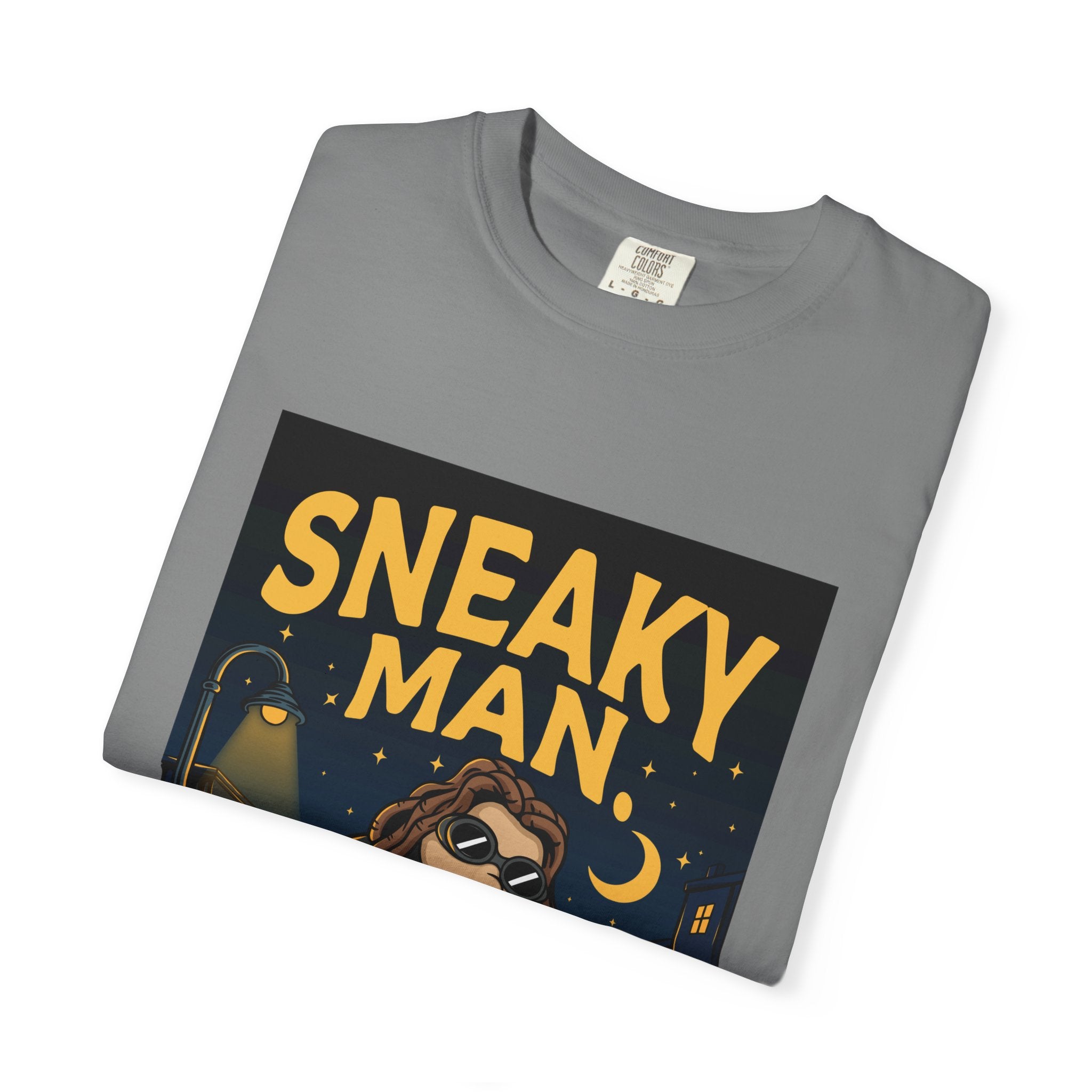 Sneaky Man Graphic T-Shirt — Vintage Nighttime Cartoon Tee